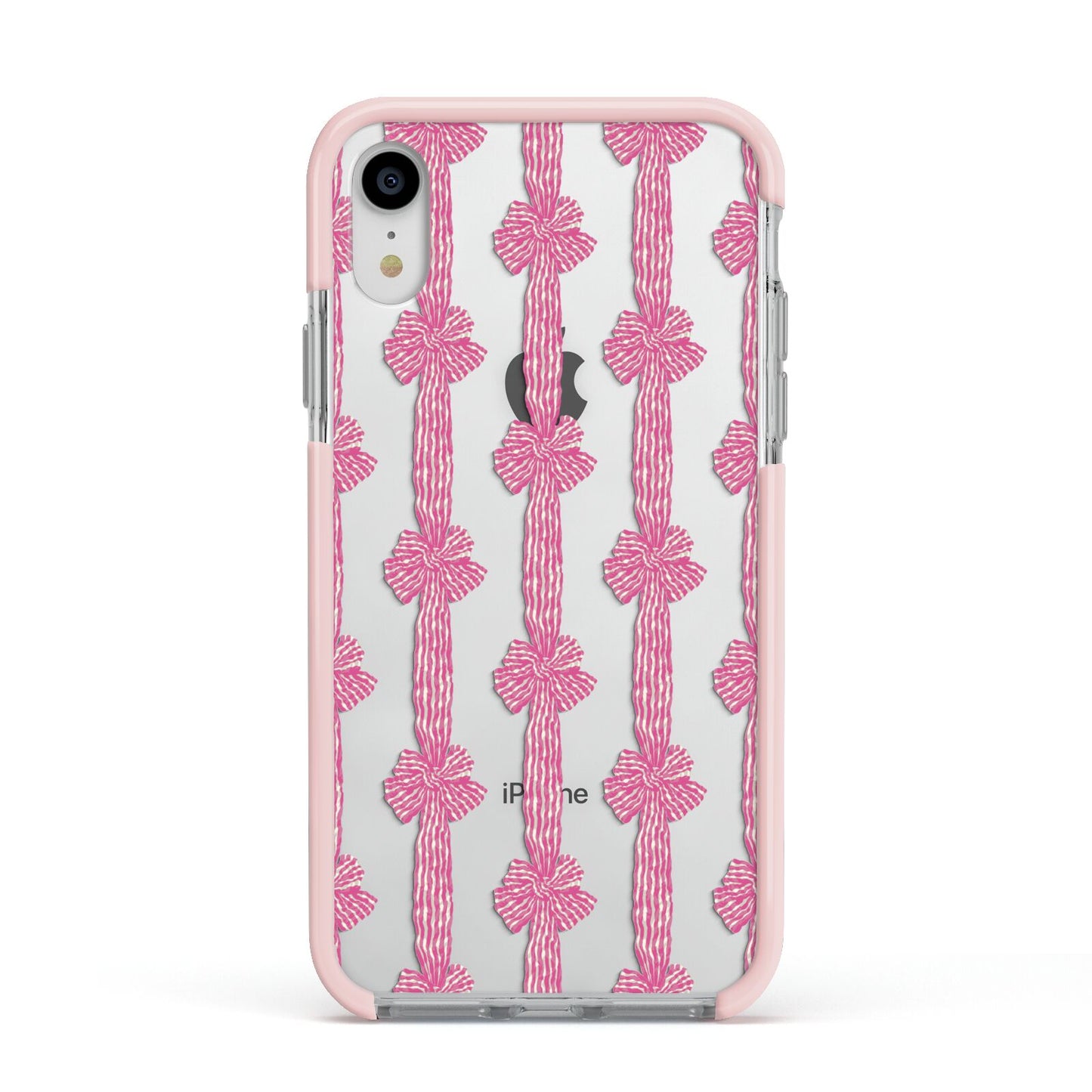 Striped Bow Pattern Apple iPhone XR Impact Case Pink Edge on Silver Phone