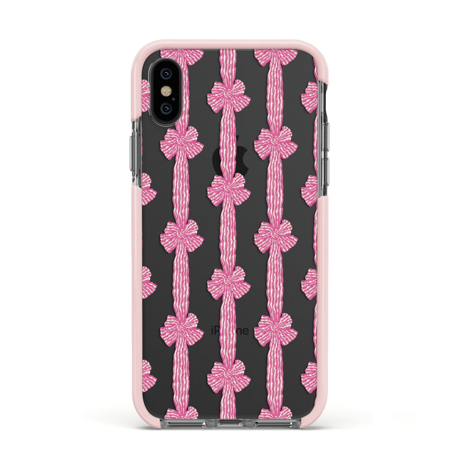 Striped Bow Pattern Apple iPhone Xs Impact Case Pink Edge on Black Phone