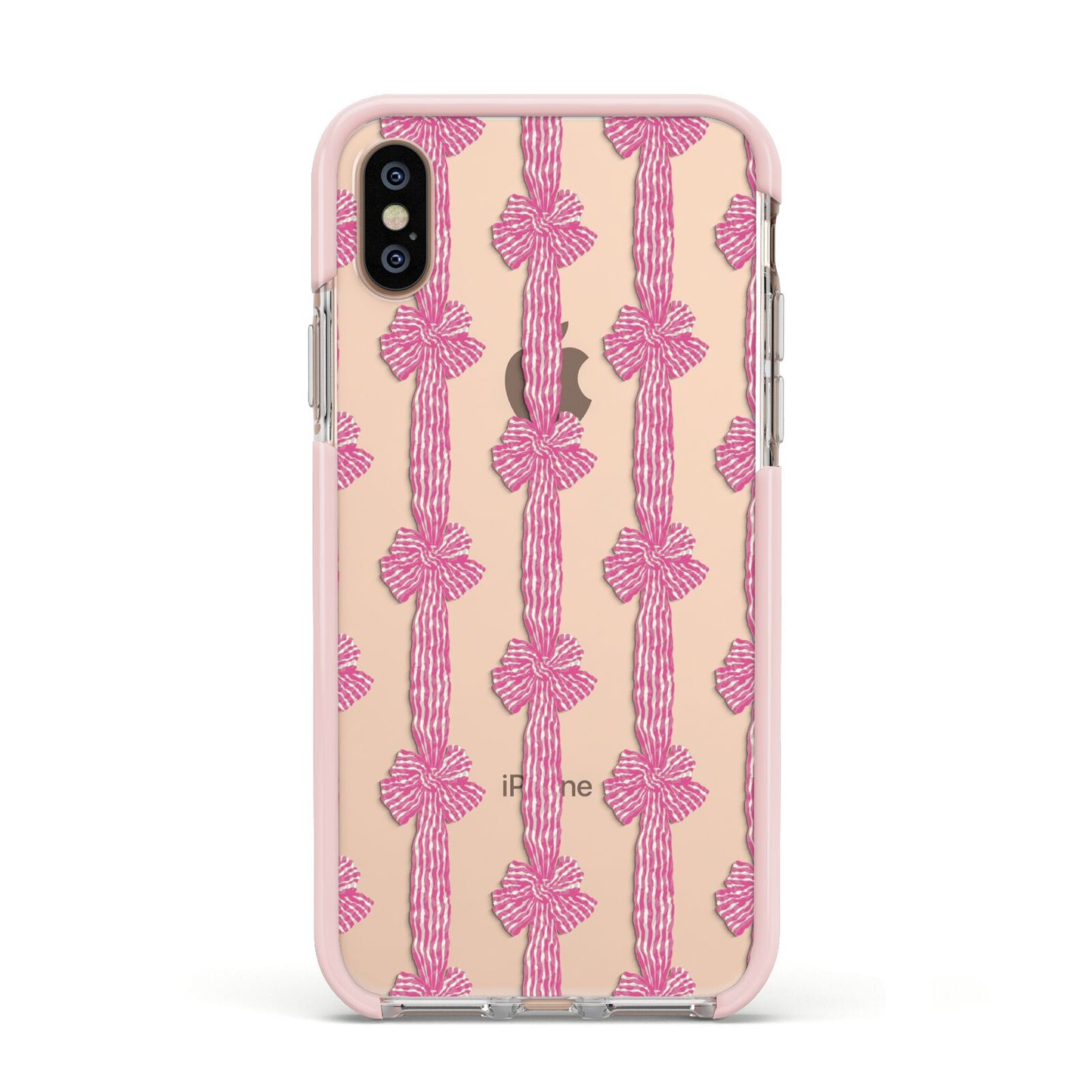 Striped Bow Pattern Apple iPhone Xs Impact Case Pink Edge on Gold Phone