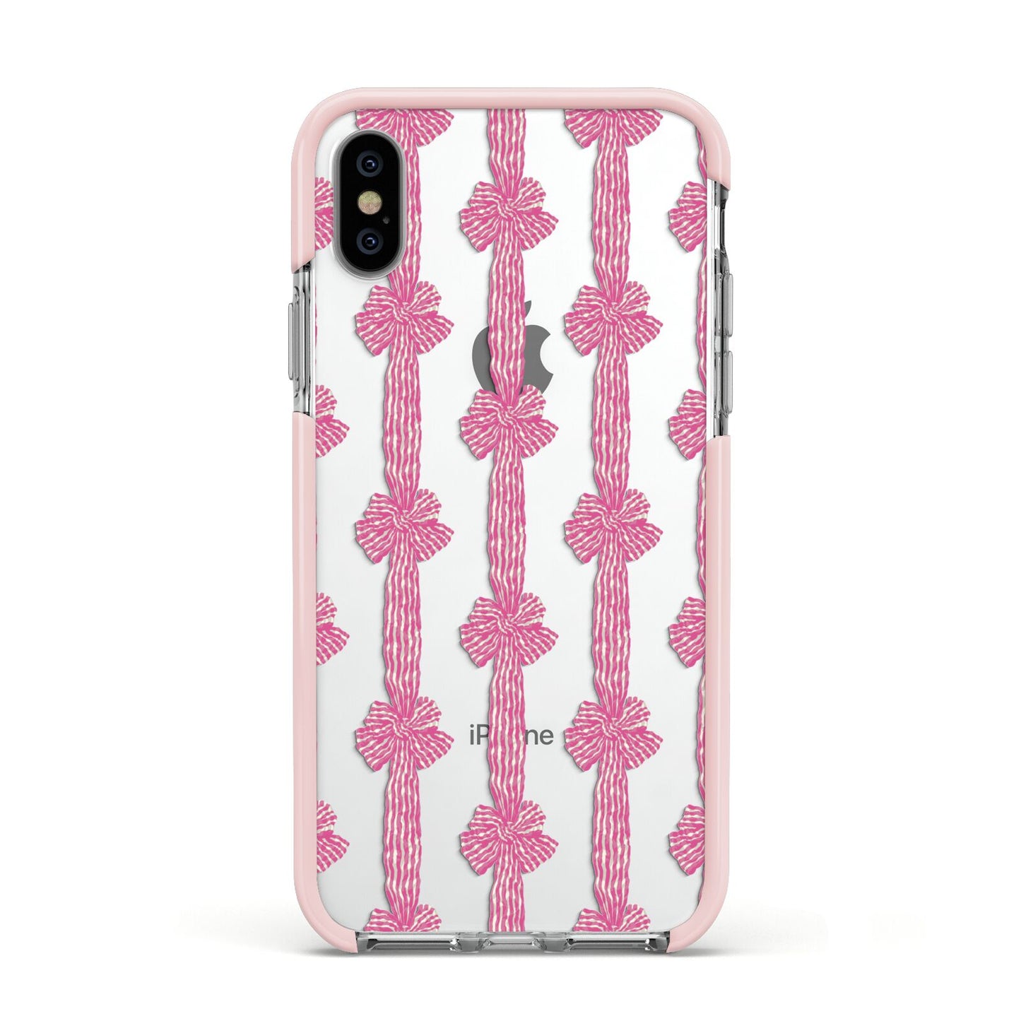 Striped Bow Pattern Apple iPhone Xs Impact Case Pink Edge on Silver Phone