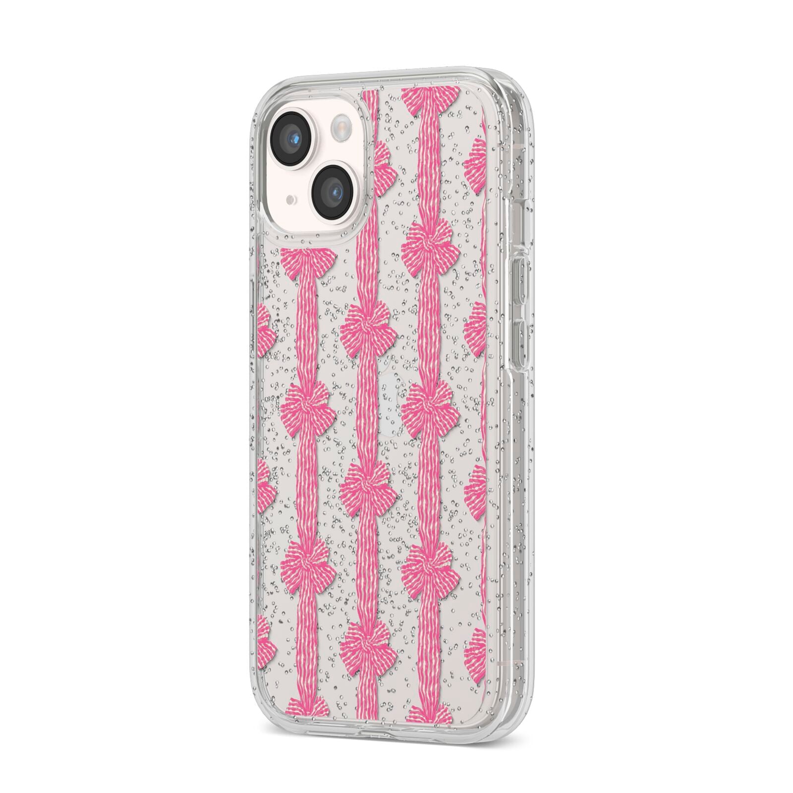 Striped Bow Pattern iPhone 14 Glitter Tough Case Starlight Angled Image