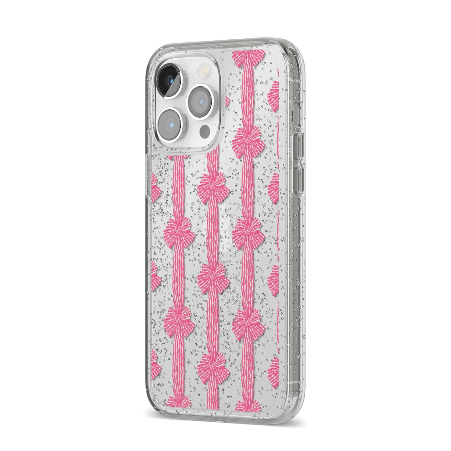 Striped Bow Pattern iPhone 14 Pro Max Glitter Tough Case Silver Angled Image