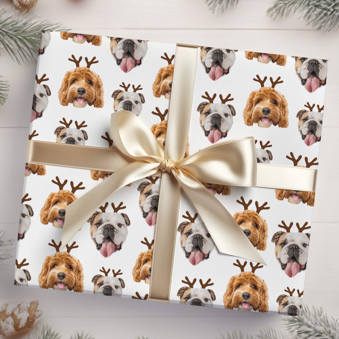 Two Dogs Personalised Photo Reindeer Christmas Wrapping Paper