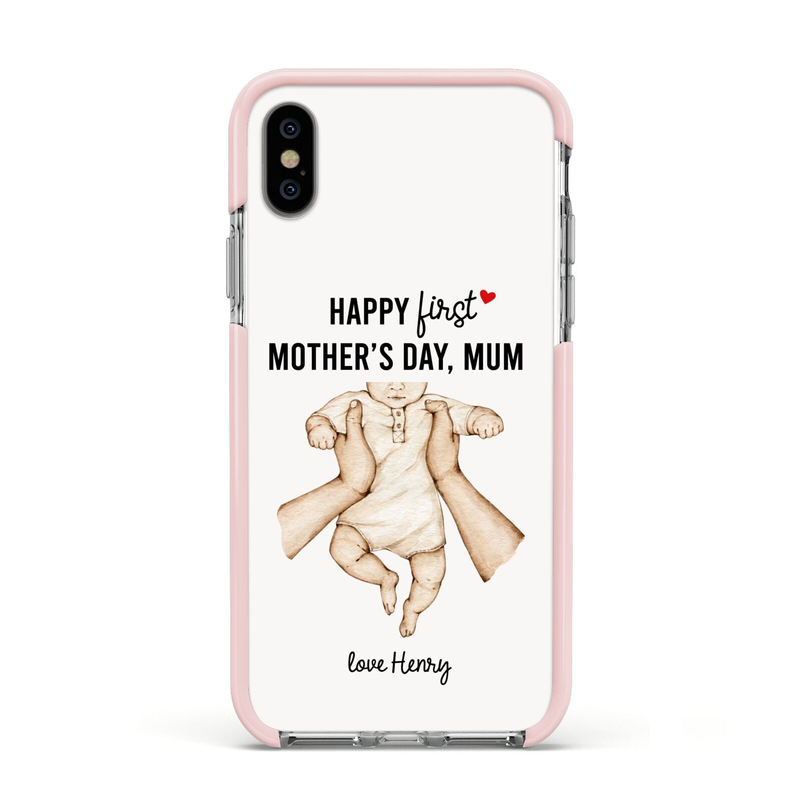 1st Mothers Day Baby Apple iPhone Xs Impact Case Pink Edge on Silver Phone