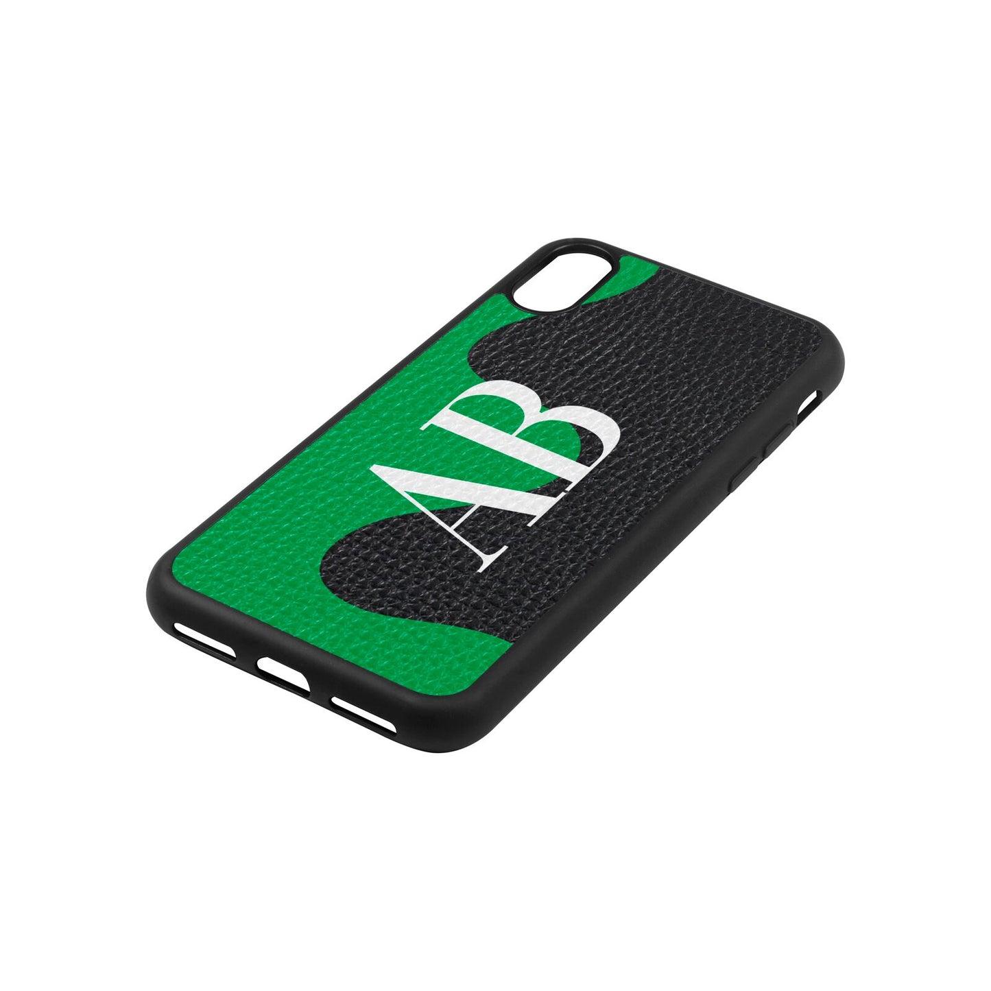 Abstract Personalised Initials Black Pebble Leather iPhone Xs Case Side Angle