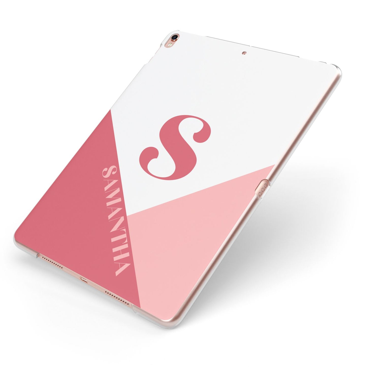 Abstract Pink Initial with Name Apple iPad Case on Rose Gold iPad Side View