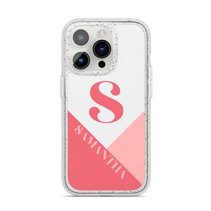 Abstract Pink Initial with Name iPhone 14 Pro Glitter Tough Case Silver