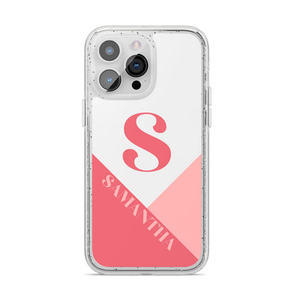 Abstract Pink Initial with Name iPhone 14 Pro Max Glitter Tough Case Silver