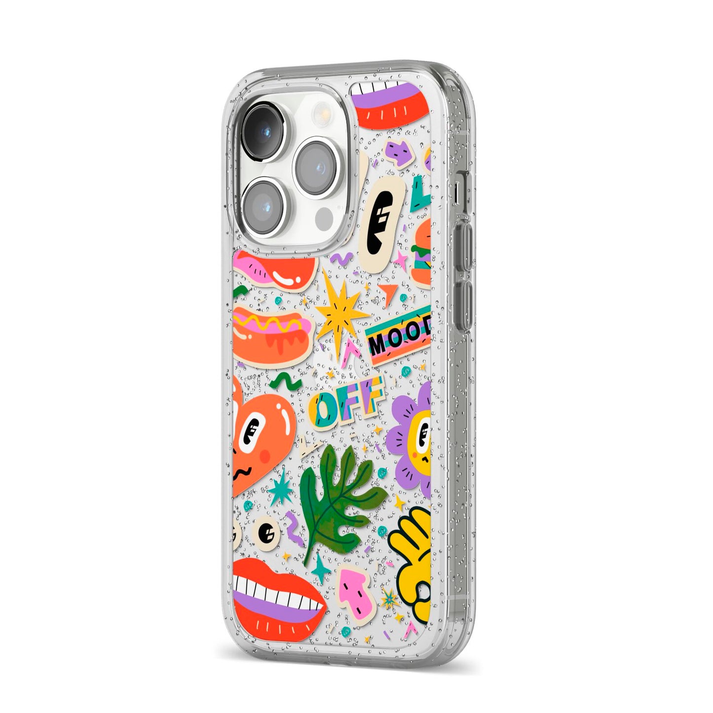 Abstract Shape Sticker iPhone 14 Pro Glitter Tough Case Silver Angled Image