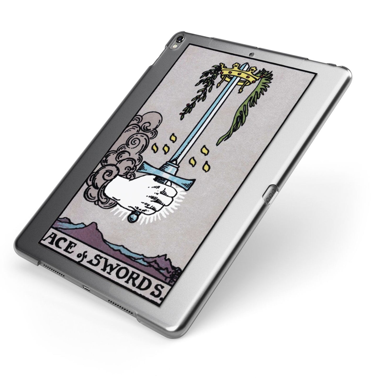 Ace of Swords Tarot Card Apple iPad Case on Grey iPad Side View