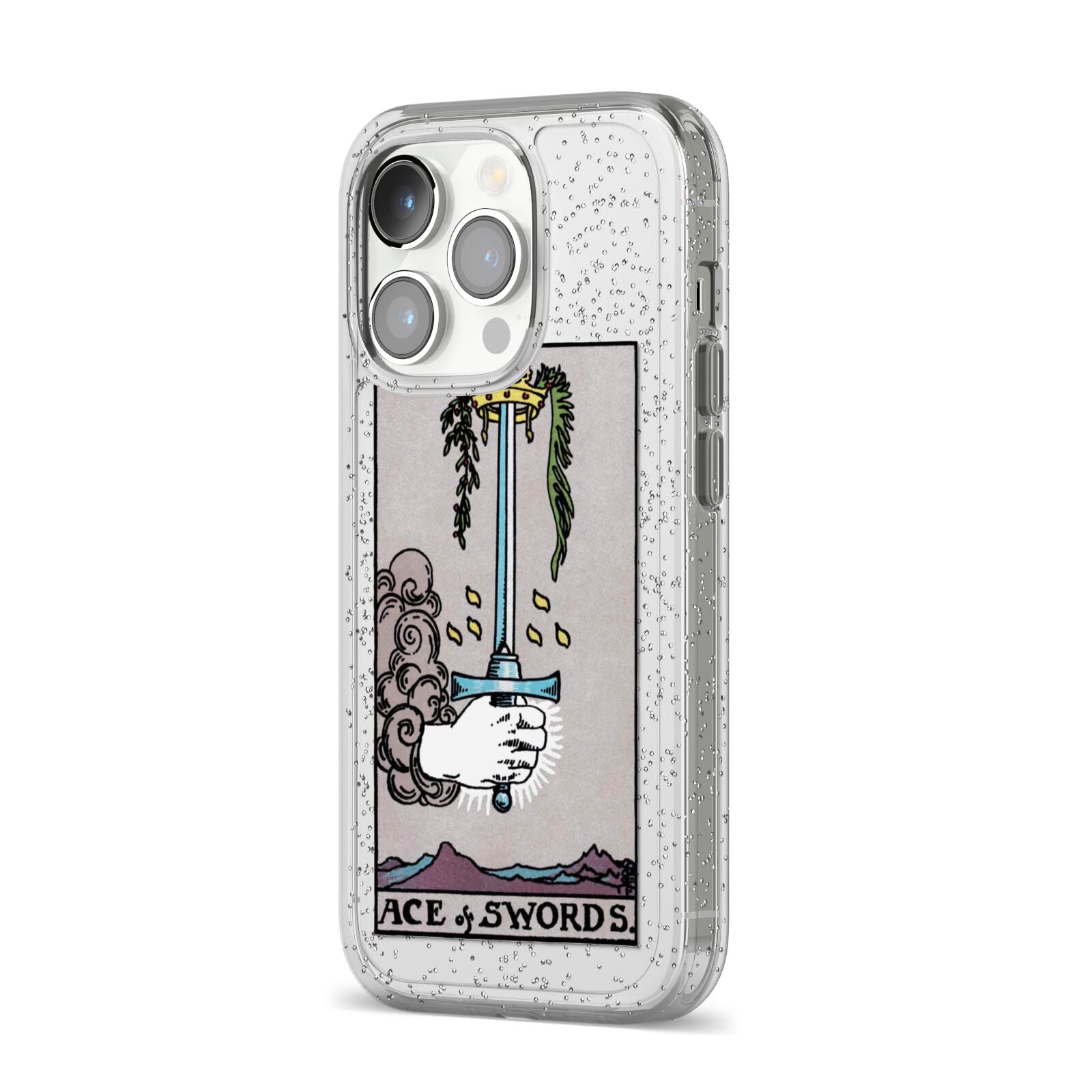 Ace of Swords Tarot Card iPhone 14 Pro Glitter Tough Case Silver Angled Image