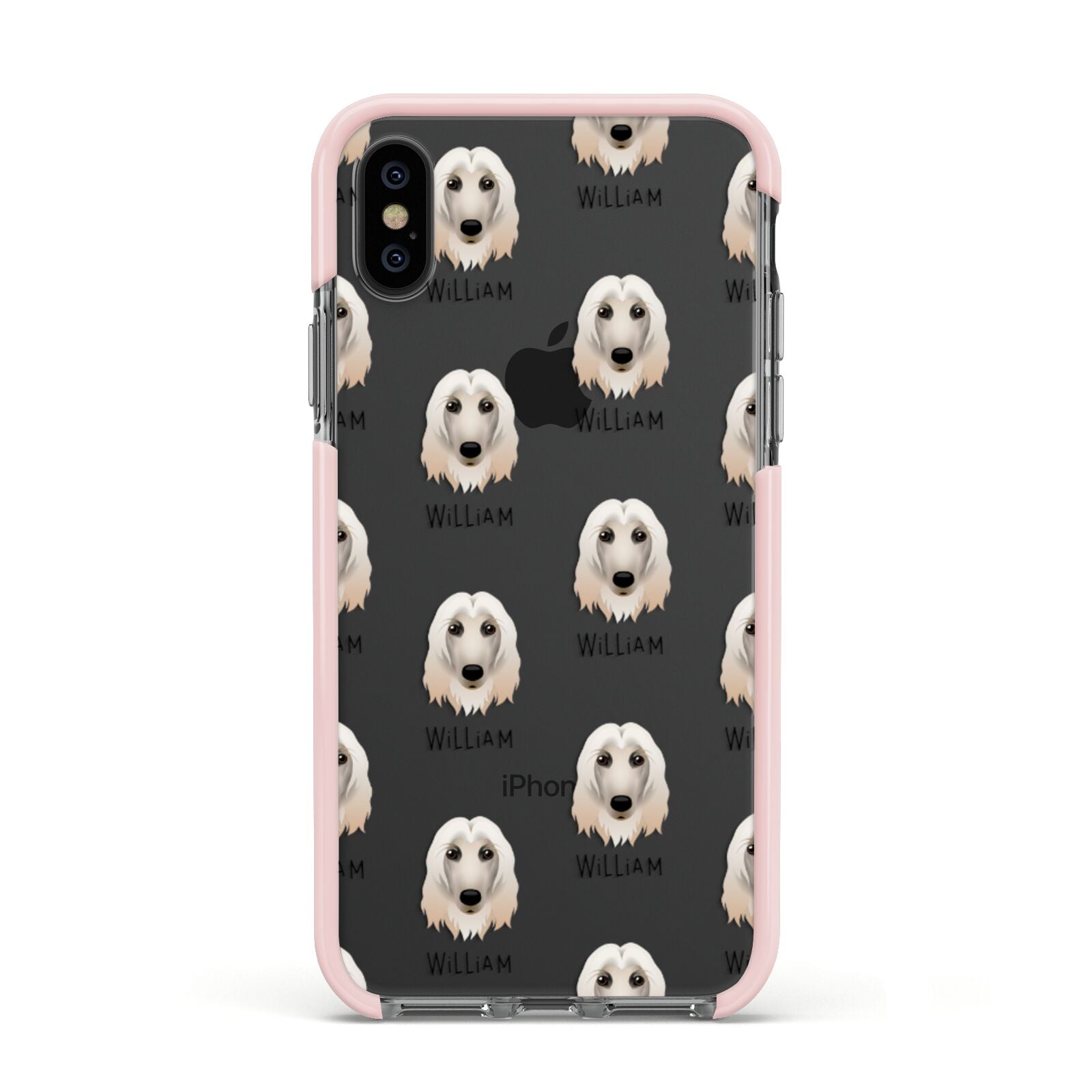 Afghan Hound Icon with Name Apple iPhone Xs Impact Case Pink Edge on Black Phone