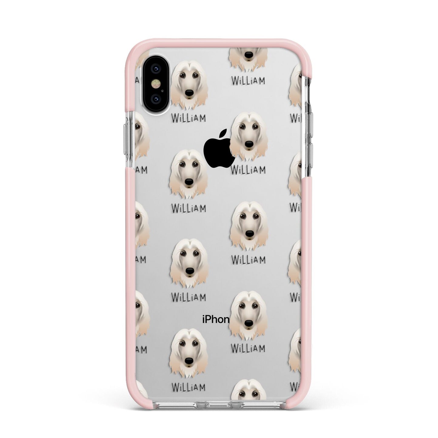 Afghan Hound Icon with Name Apple iPhone Xs Max Impact Case Pink Edge on Silver Phone