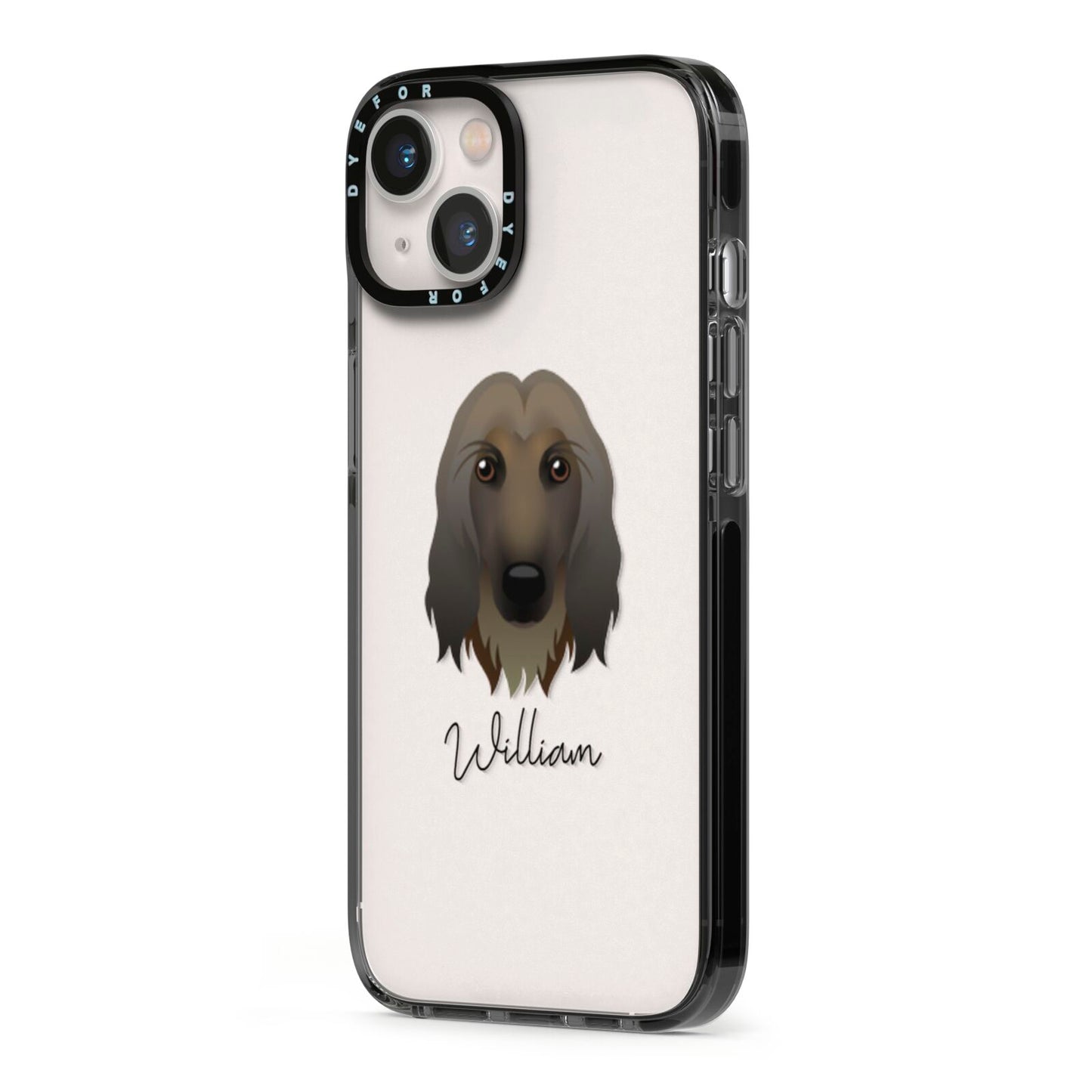 Afghan Hound Personalised iPhone 13 Black Impact Case Side Angle on Silver phone