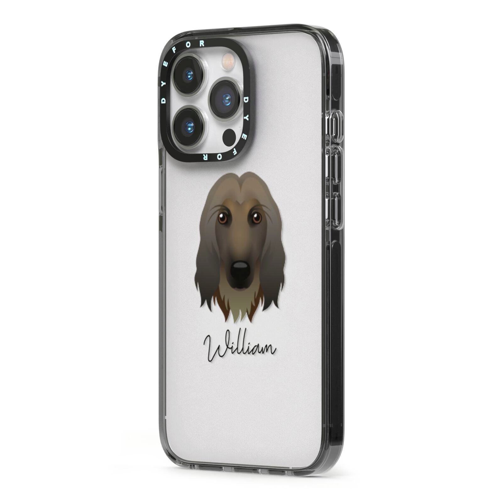 Afghan Hound Personalised iPhone 13 Pro Black Impact Case Side Angle on Silver phone
