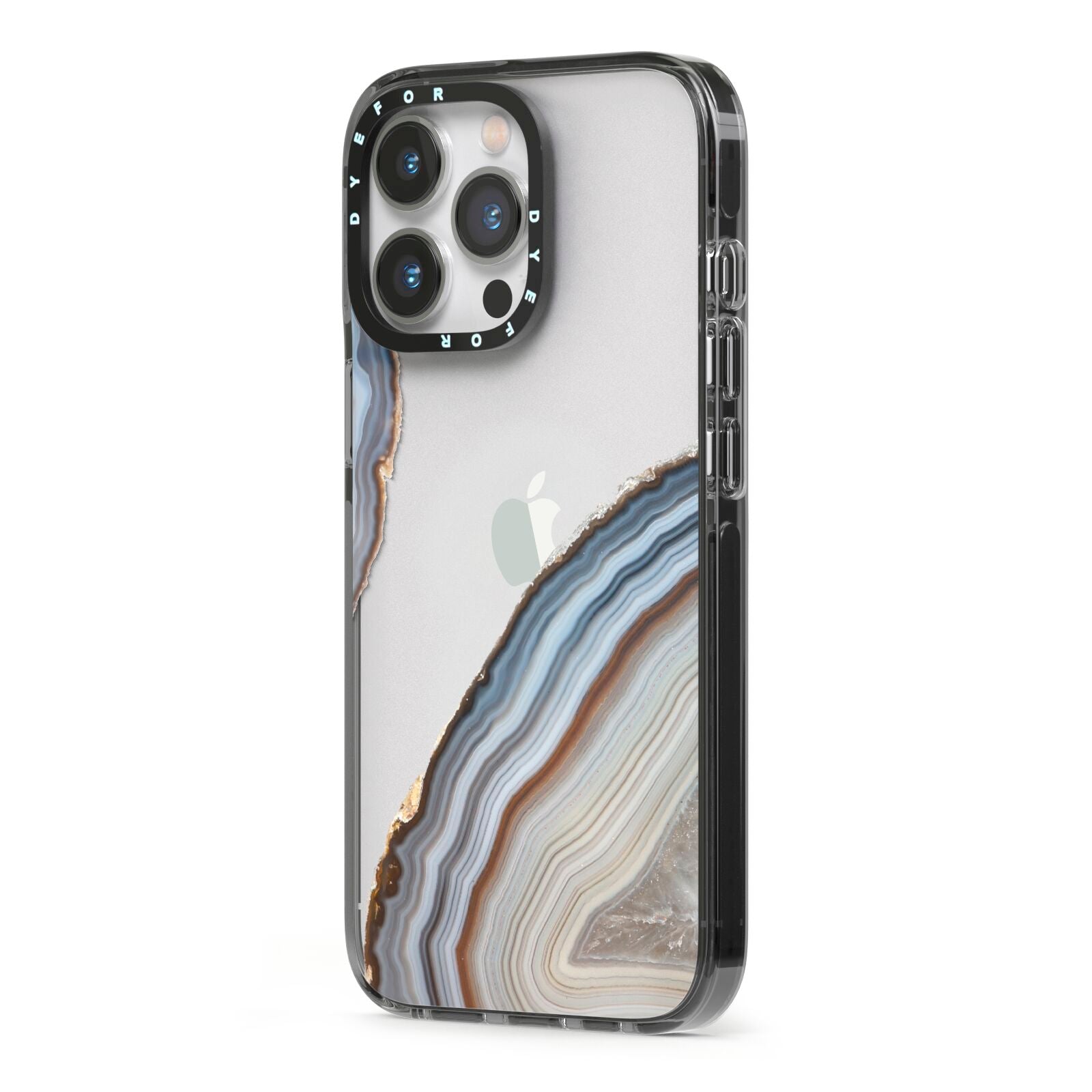 Agate Blue Grey iPhone 13 Pro Black Impact Case Side Angle on Silver phone