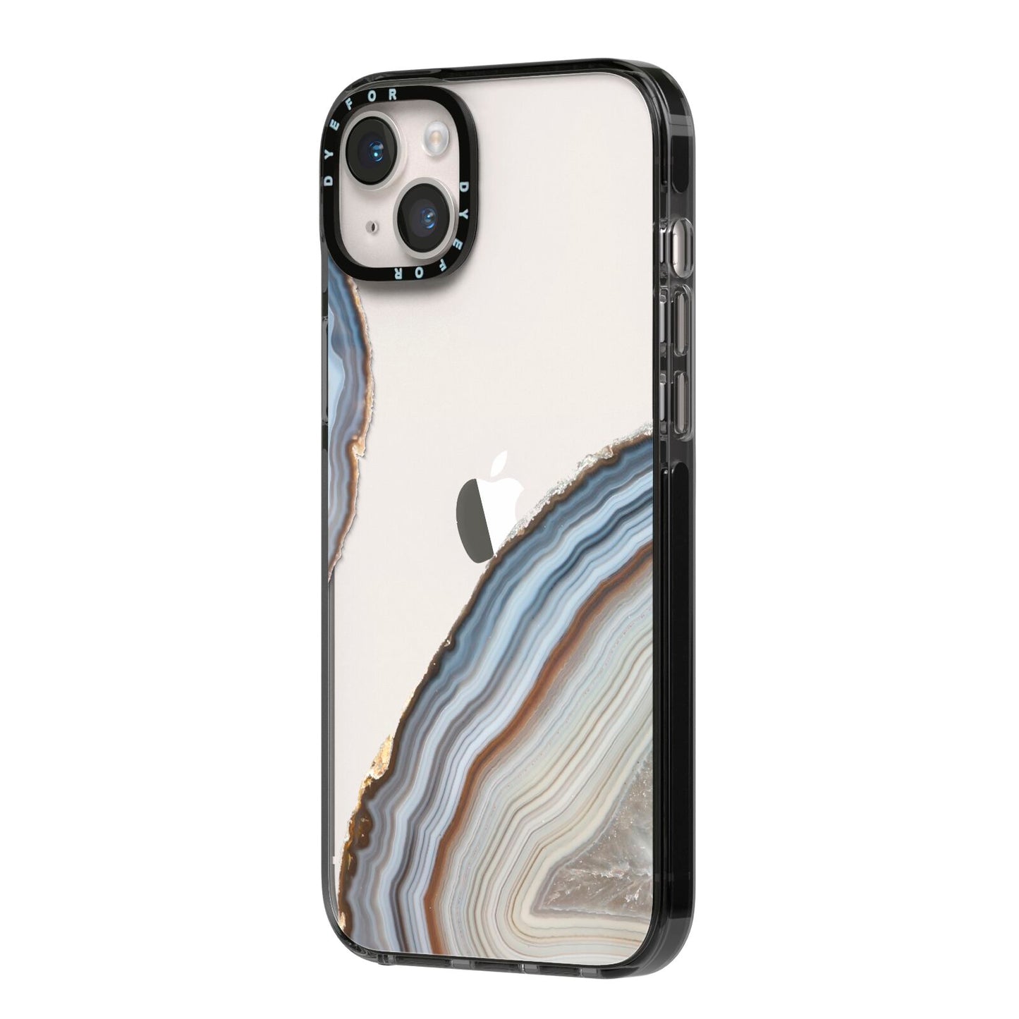 Agate Blue Grey iPhone 14 Plus Black Impact Case Side Angle on Silver phone