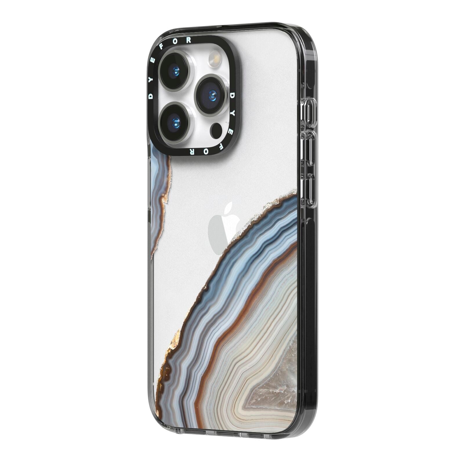 Agate Blue Grey iPhone 14 Pro Black Impact Case Side Angle on Silver phone