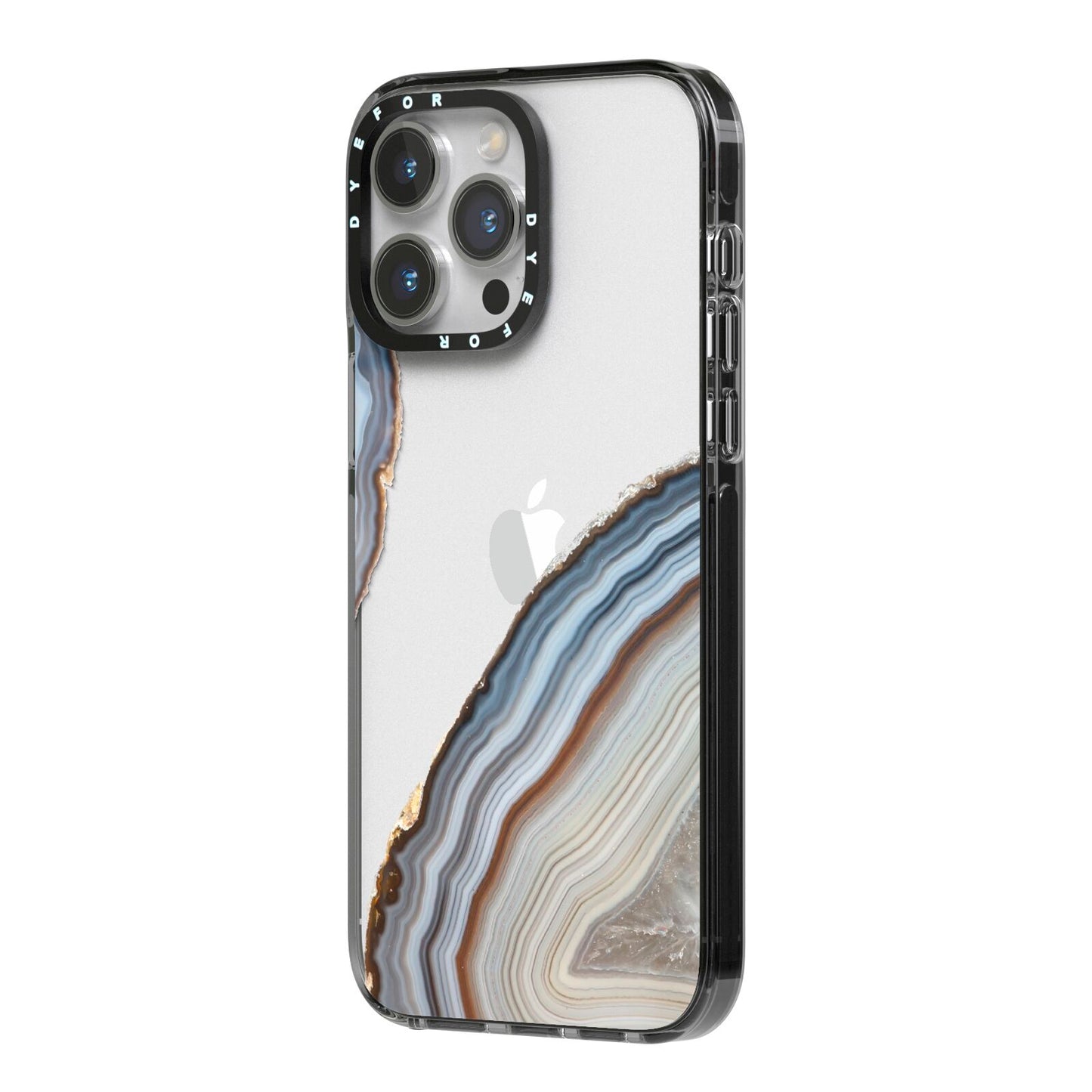 Agate Blue Grey iPhone 14 Pro Max Black Impact Case Side Angle on Silver phone