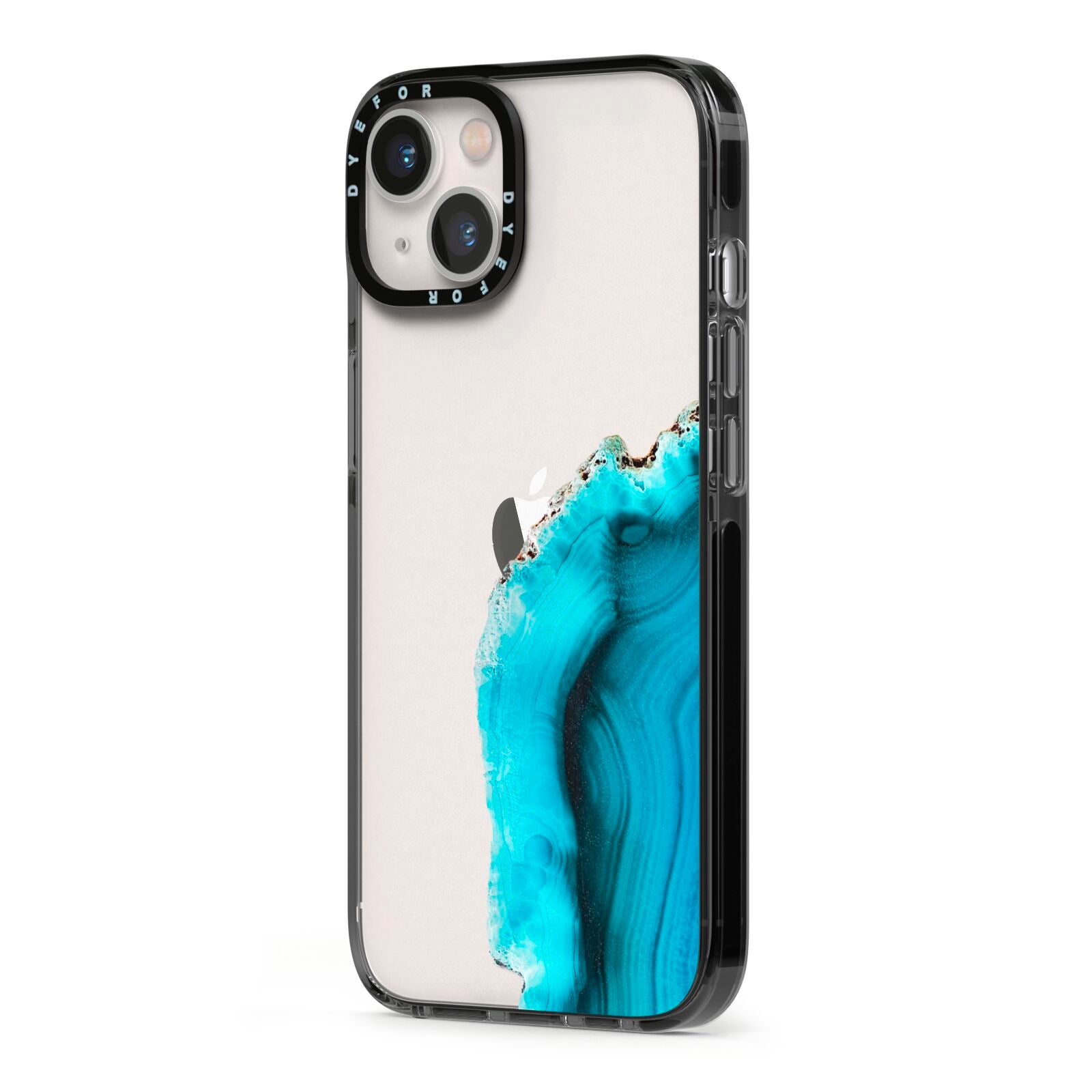 Agate Blue Turquoise iPhone 13 Black Impact Case Side Angle on Silver phone