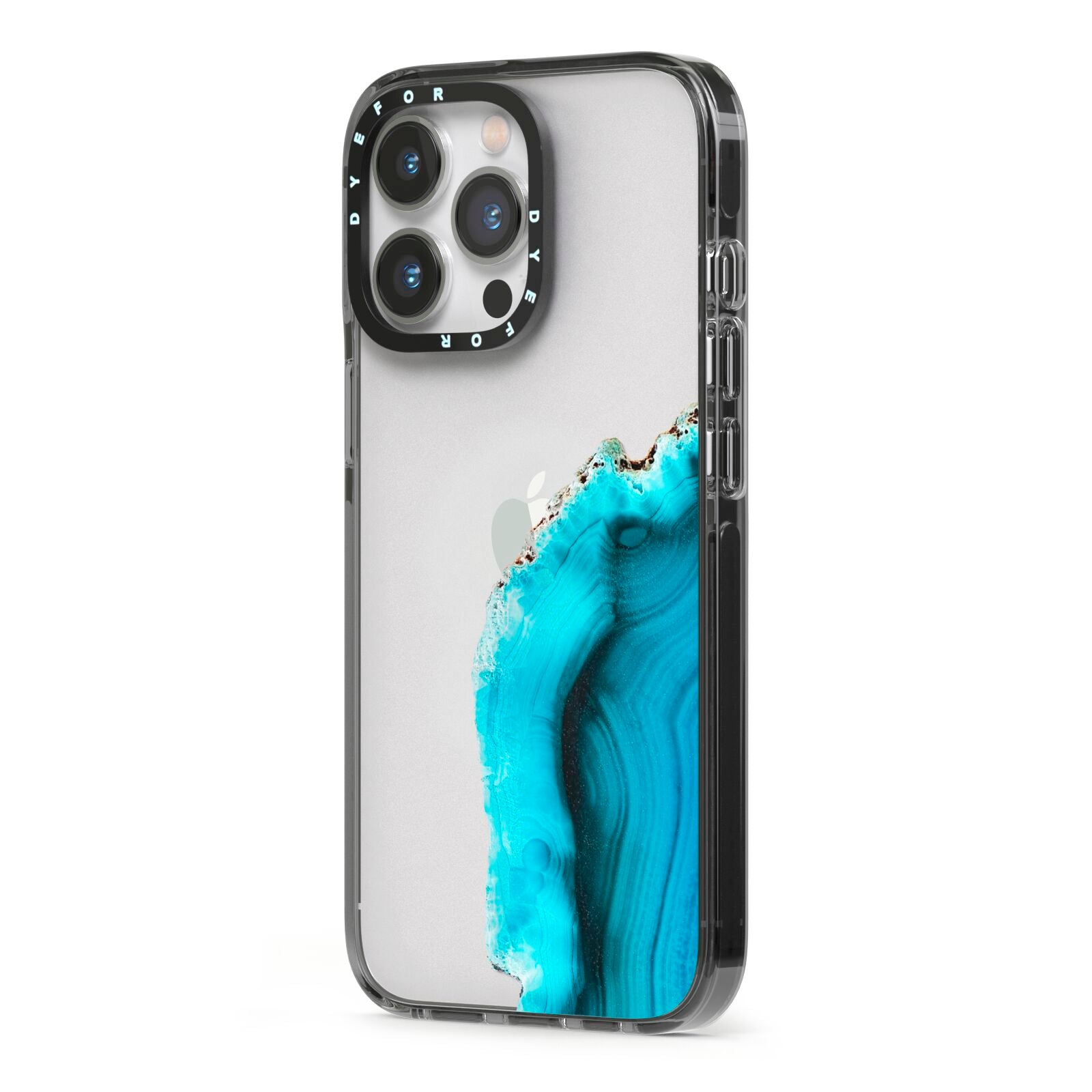 Agate Blue Turquoise iPhone 13 Pro Black Impact Case Side Angle on Silver phone