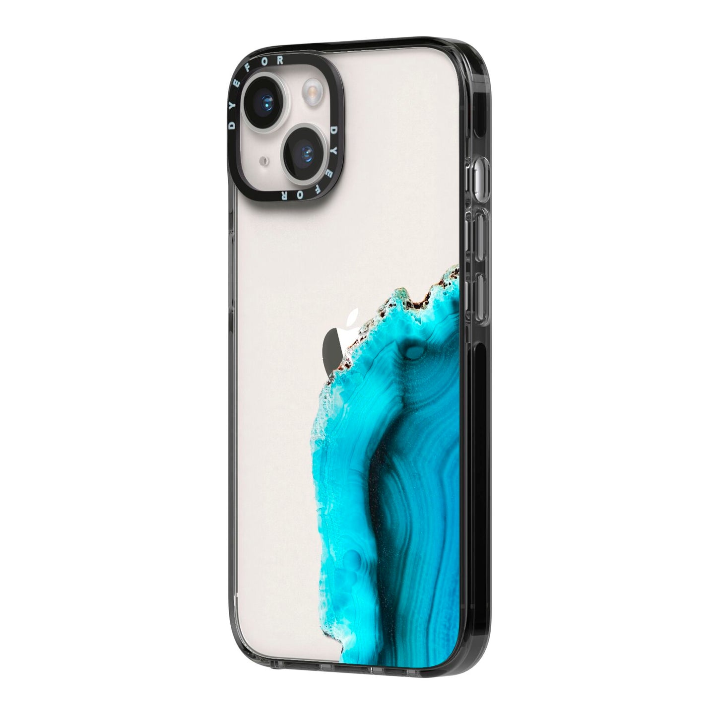 Agate Blue Turquoise iPhone 14 Black Impact Case Side Angle on Silver phone