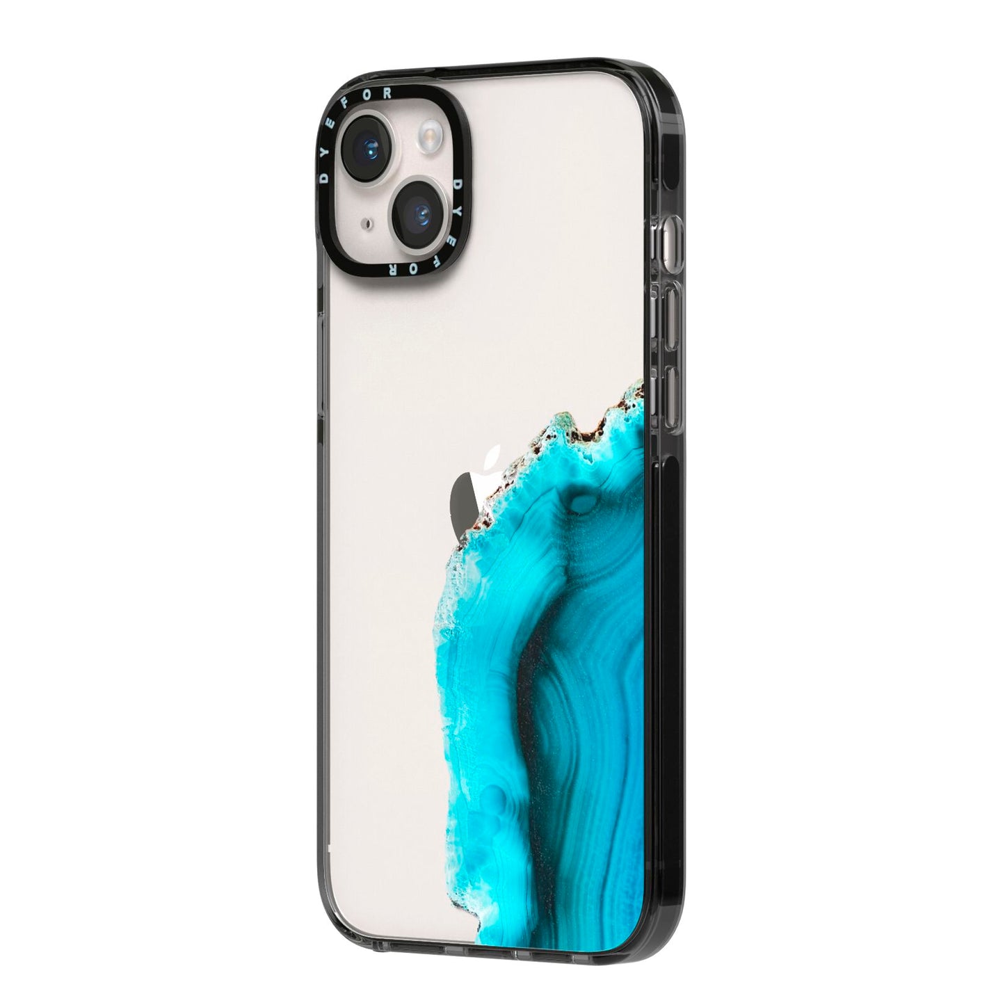 Agate Blue Turquoise iPhone 14 Plus Black Impact Case Side Angle on Silver phone