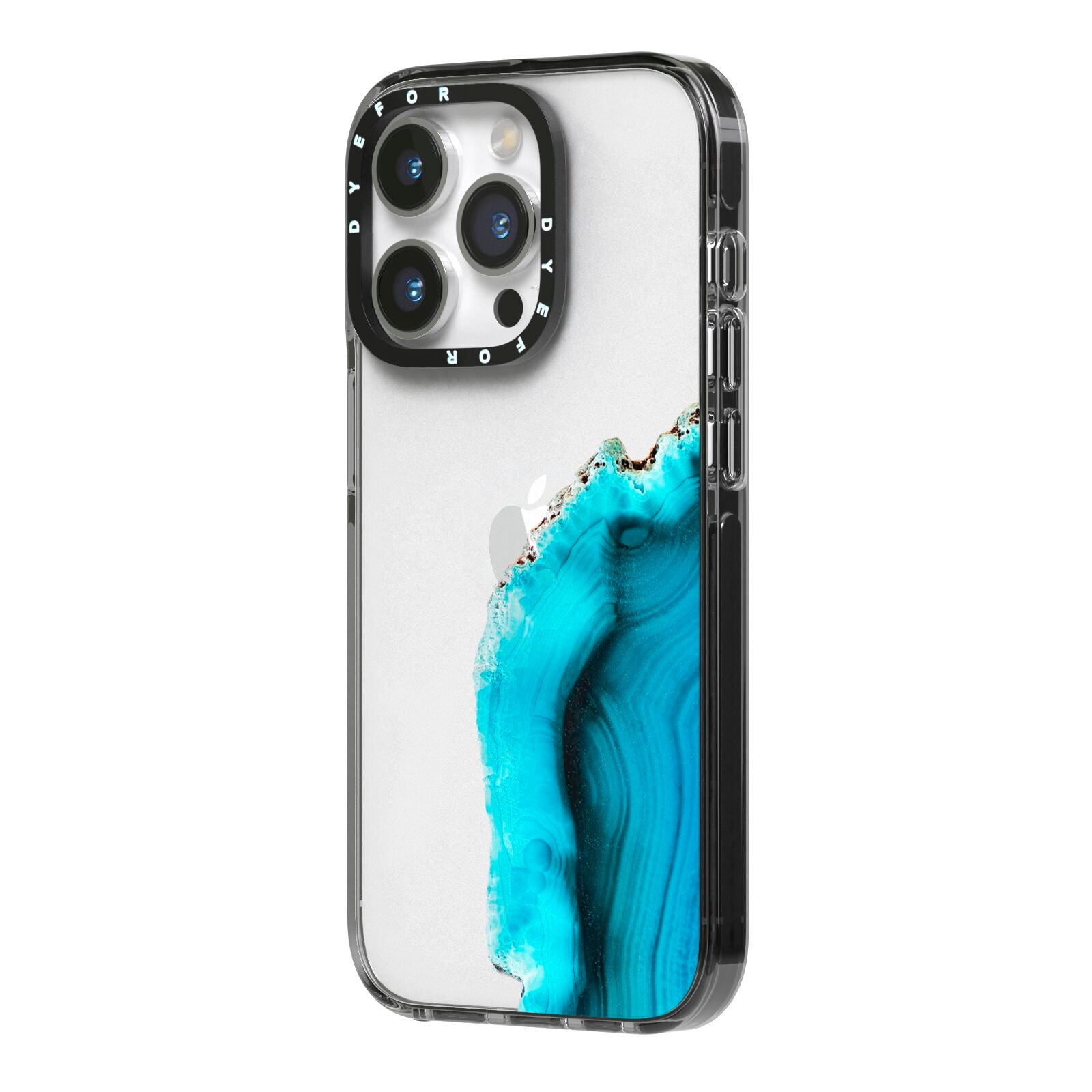 Agate Blue Turquoise iPhone 14 Pro Black Impact Case Side Angle on Silver phone