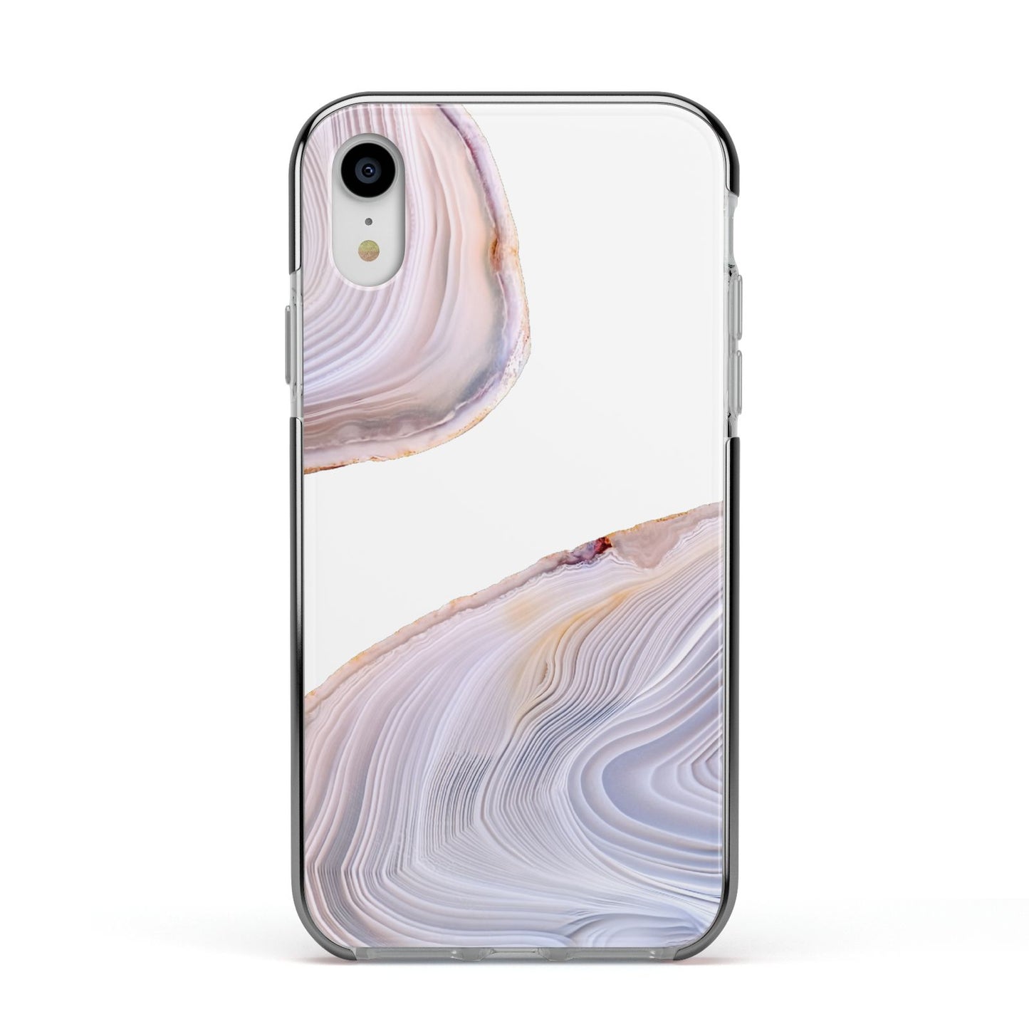 Agate Pale Pink and Blue Apple iPhone XR Impact Case Black Edge on Silver Phone