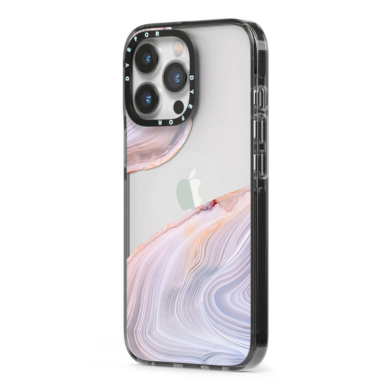 Agate Pale Pink and Blue iPhone 13 Pro Black Impact Case Side Angle on Silver phone