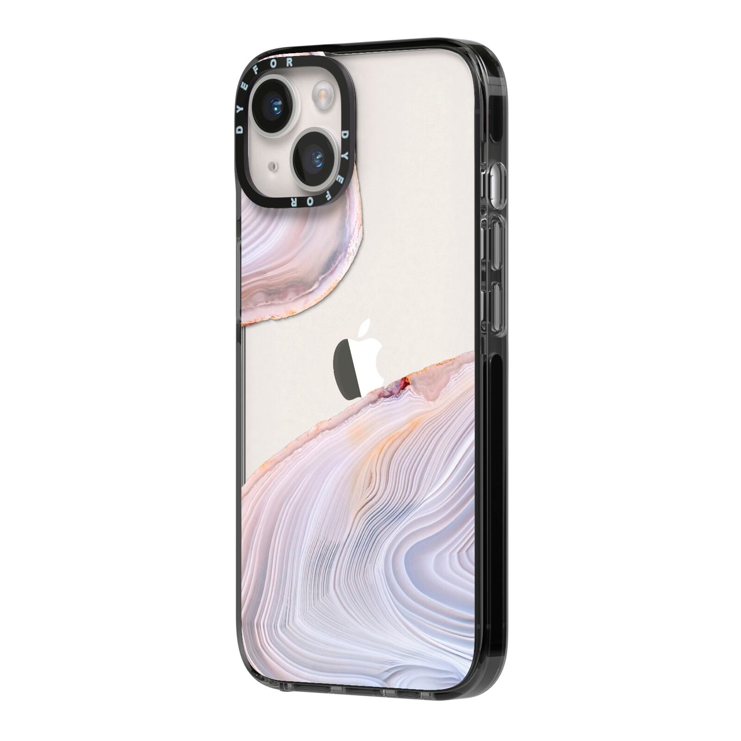 Agate Pale Pink and Blue iPhone 14 Black Impact Case Side Angle on Silver phone