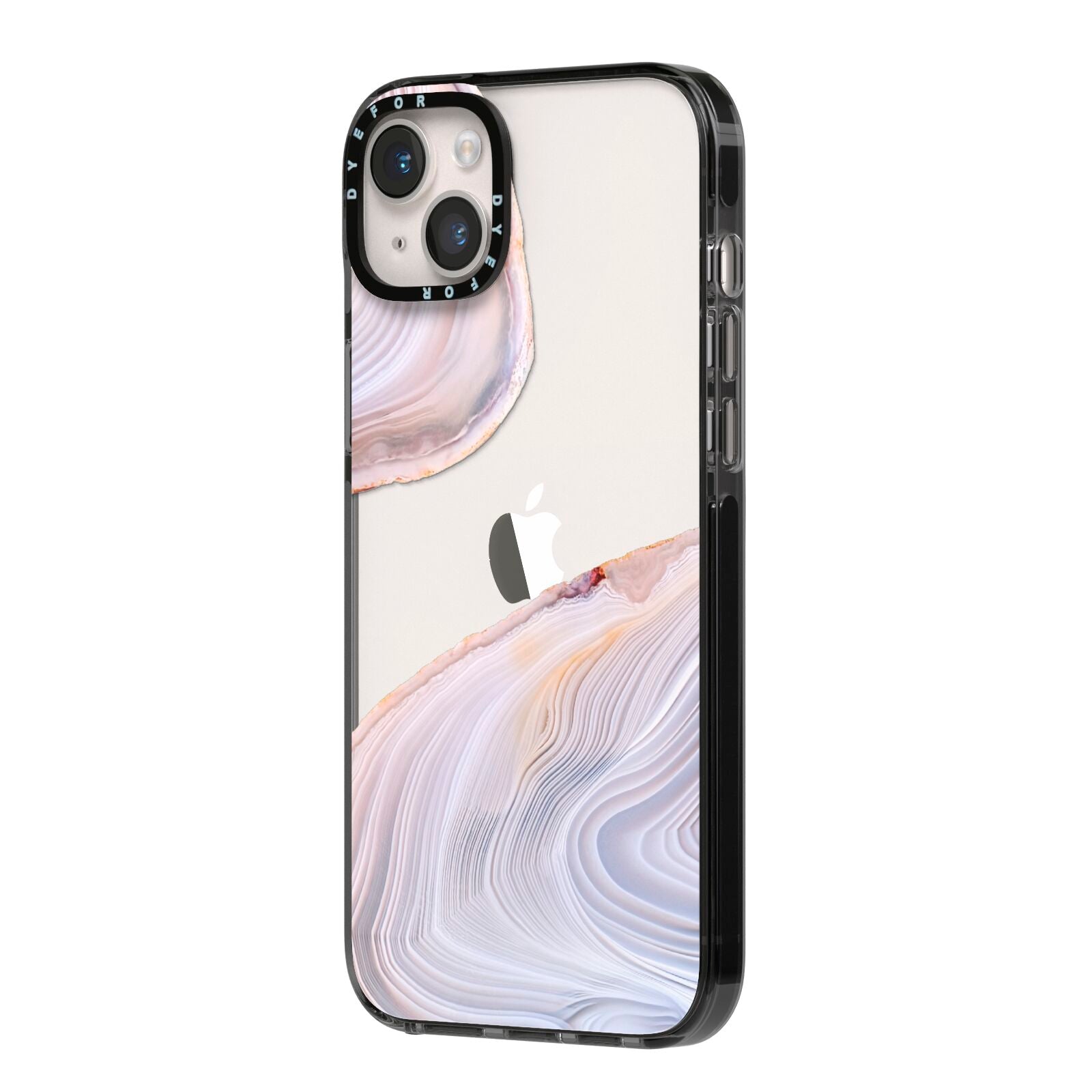 Agate Pale Pink and Blue iPhone 14 Plus Black Impact Case Side Angle on Silver phone