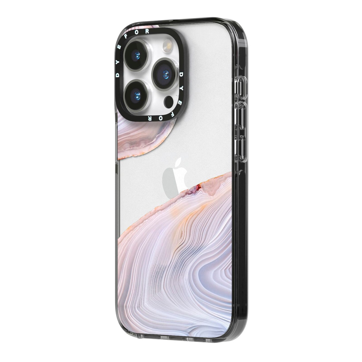 Agate Pale Pink and Blue iPhone 14 Pro Black Impact Case Side Angle on Silver phone