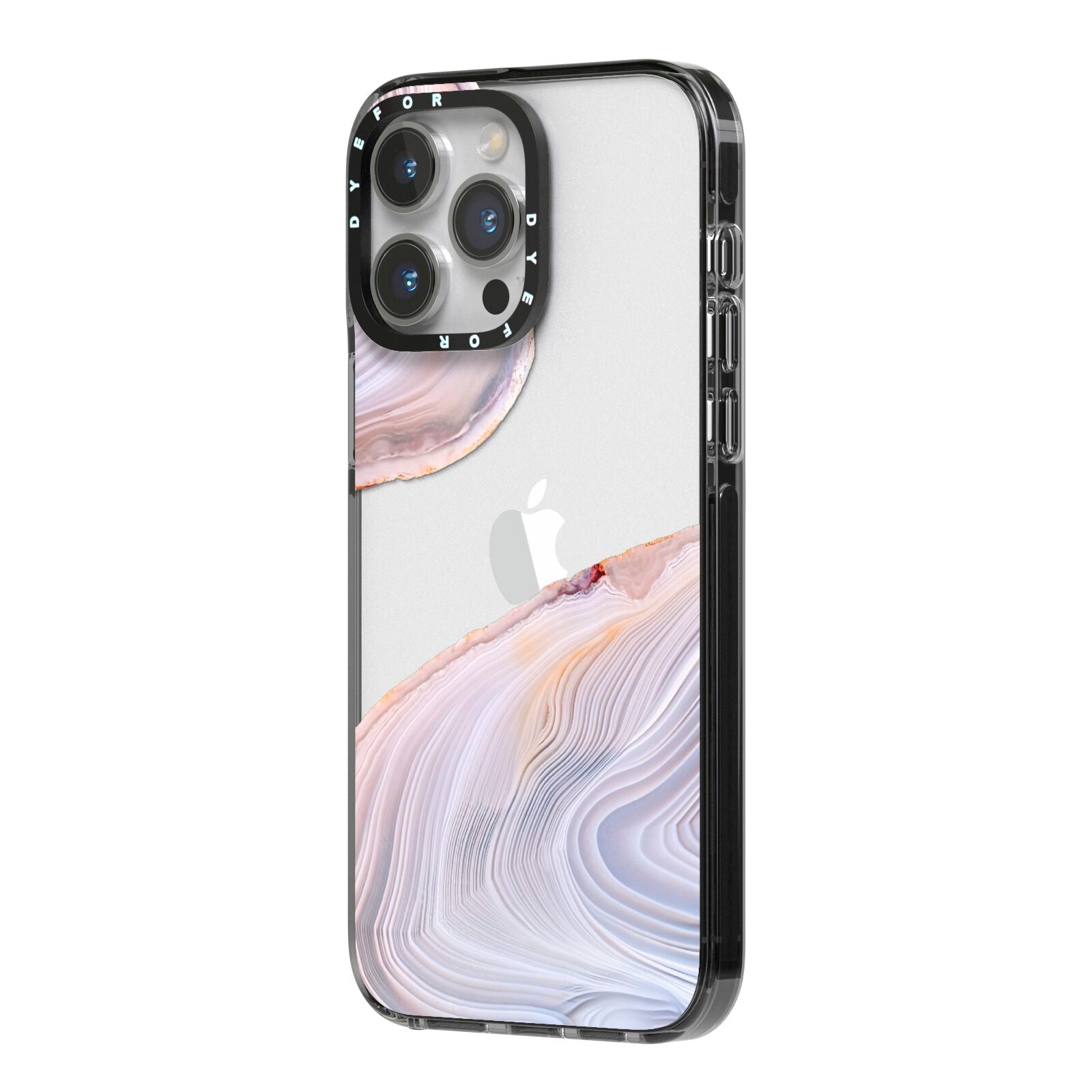 Agate Pale Pink and Blue iPhone 14 Pro Max Black Impact Case Side Angle on Silver phone