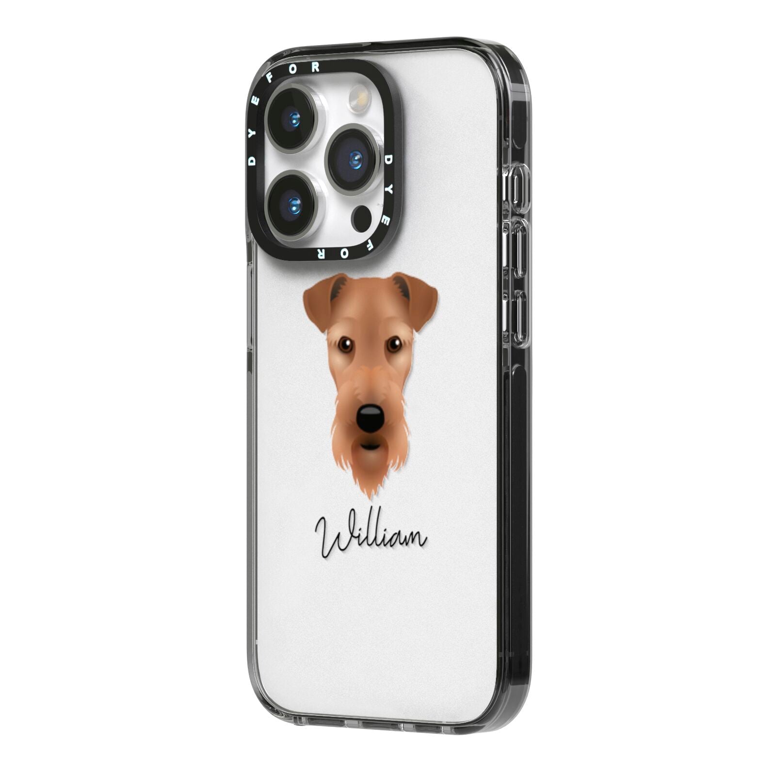 Airedale Terrier Personalised iPhone 14 Pro Black Impact Case Side Angle on Silver phone