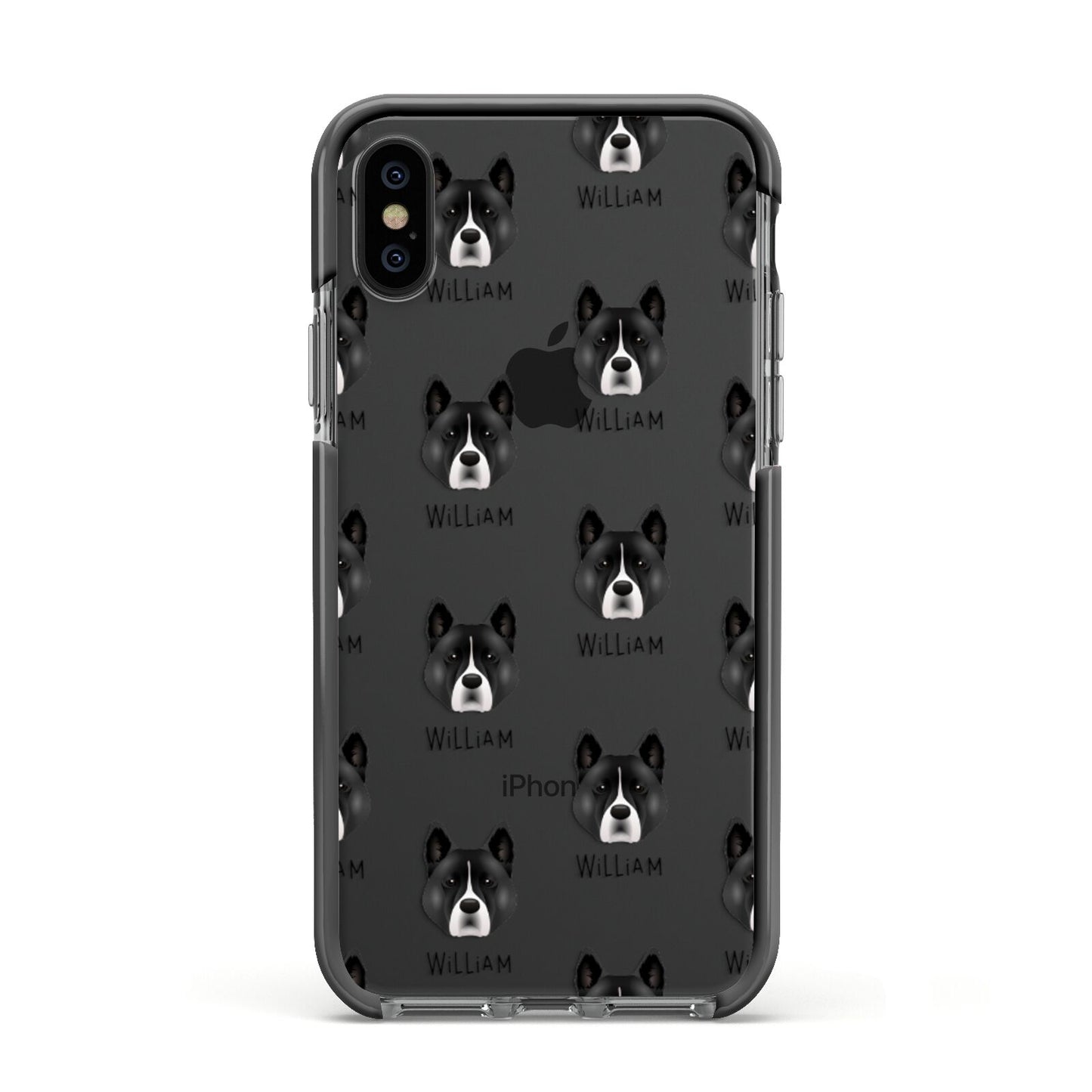 Akita Icon with Name Apple iPhone Xs Impact Case Black Edge on Black Phone