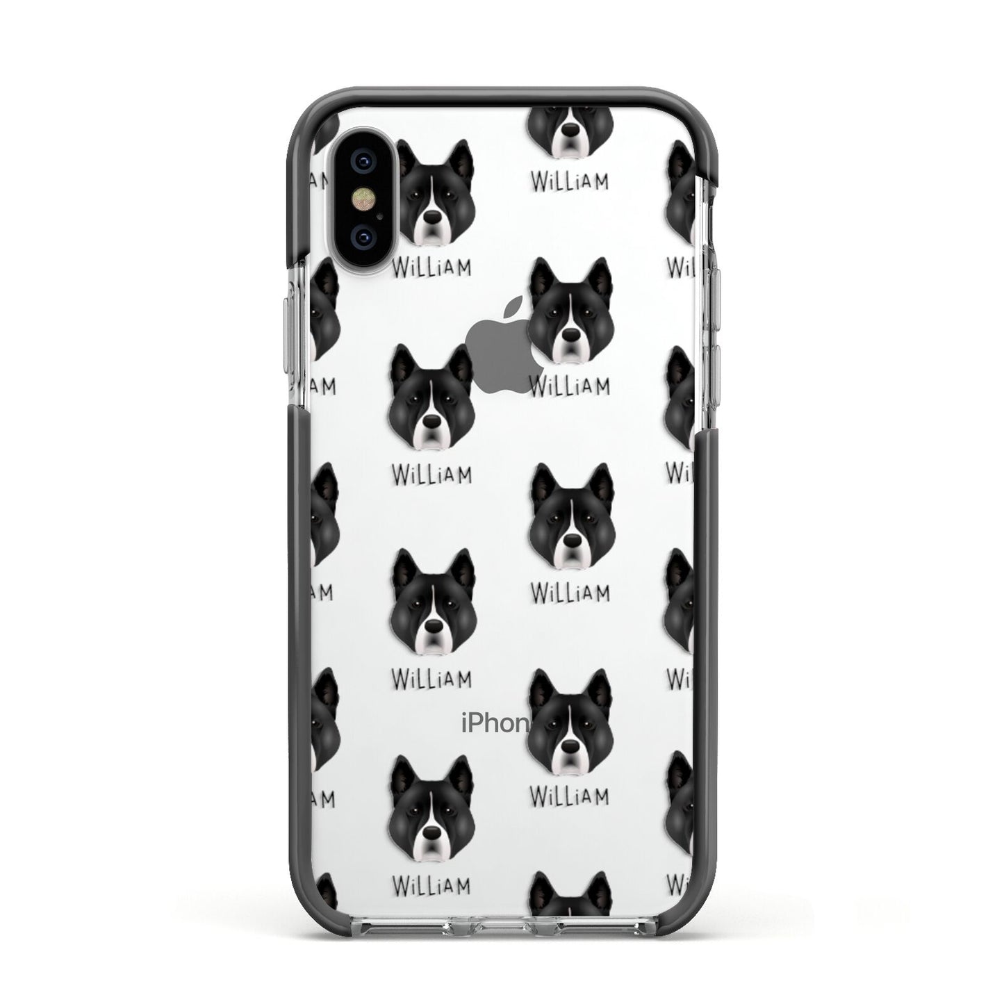 Akita Icon with Name Apple iPhone Xs Impact Case Black Edge on Silver Phone