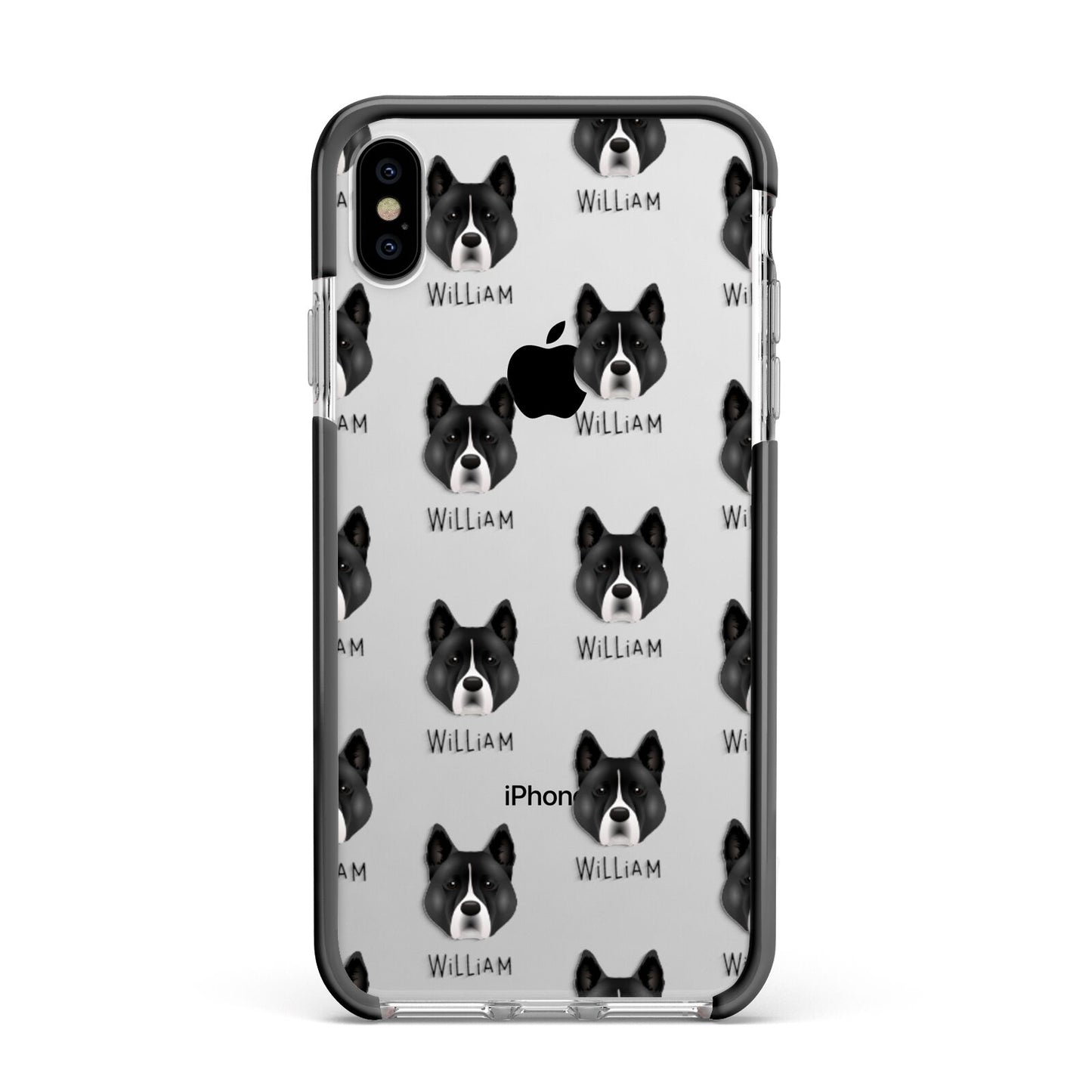 Akita Icon with Name Apple iPhone Xs Max Impact Case Black Edge on Silver Phone