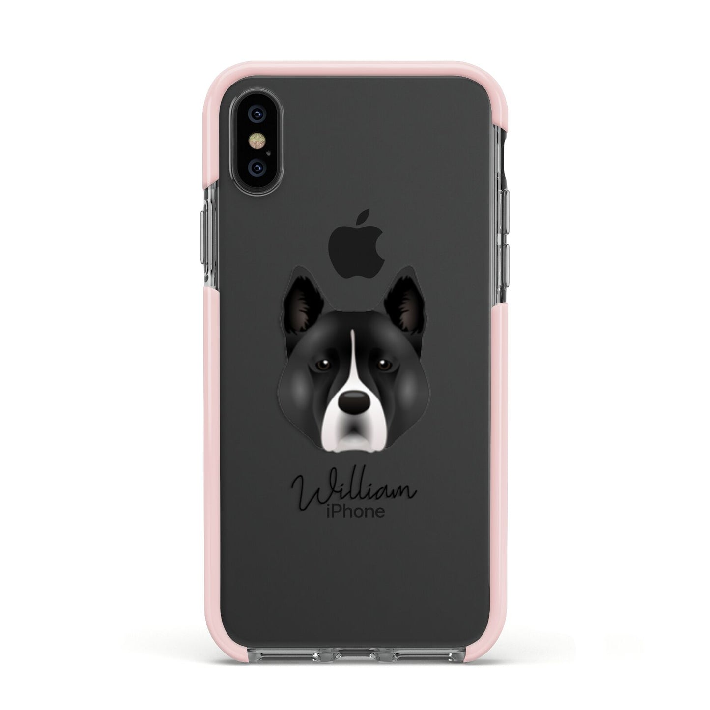 Akita Personalised Apple iPhone Xs Impact Case Pink Edge on Black Phone