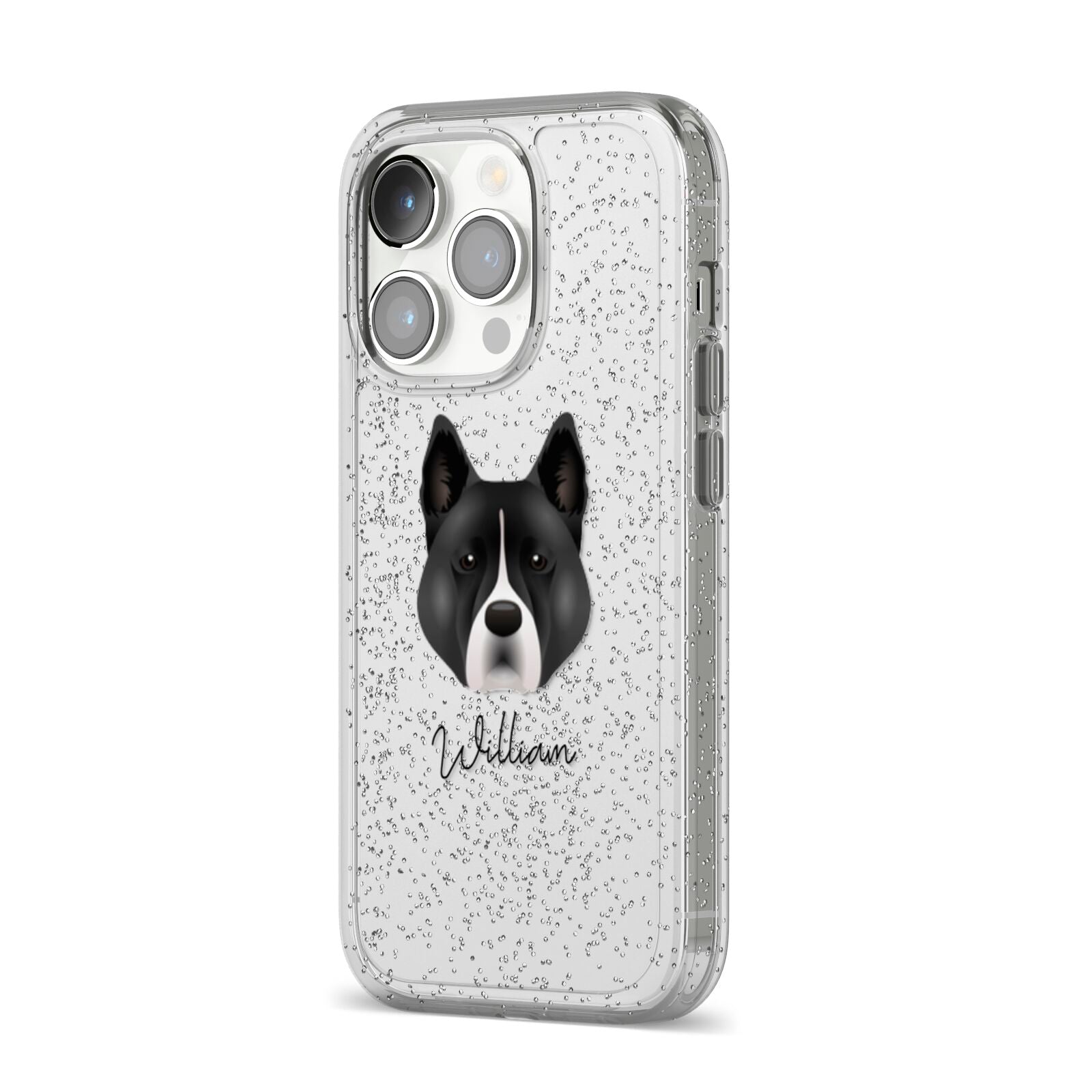 Akita Personalised iPhone 14 Pro Glitter Tough Case Silver Angled Image