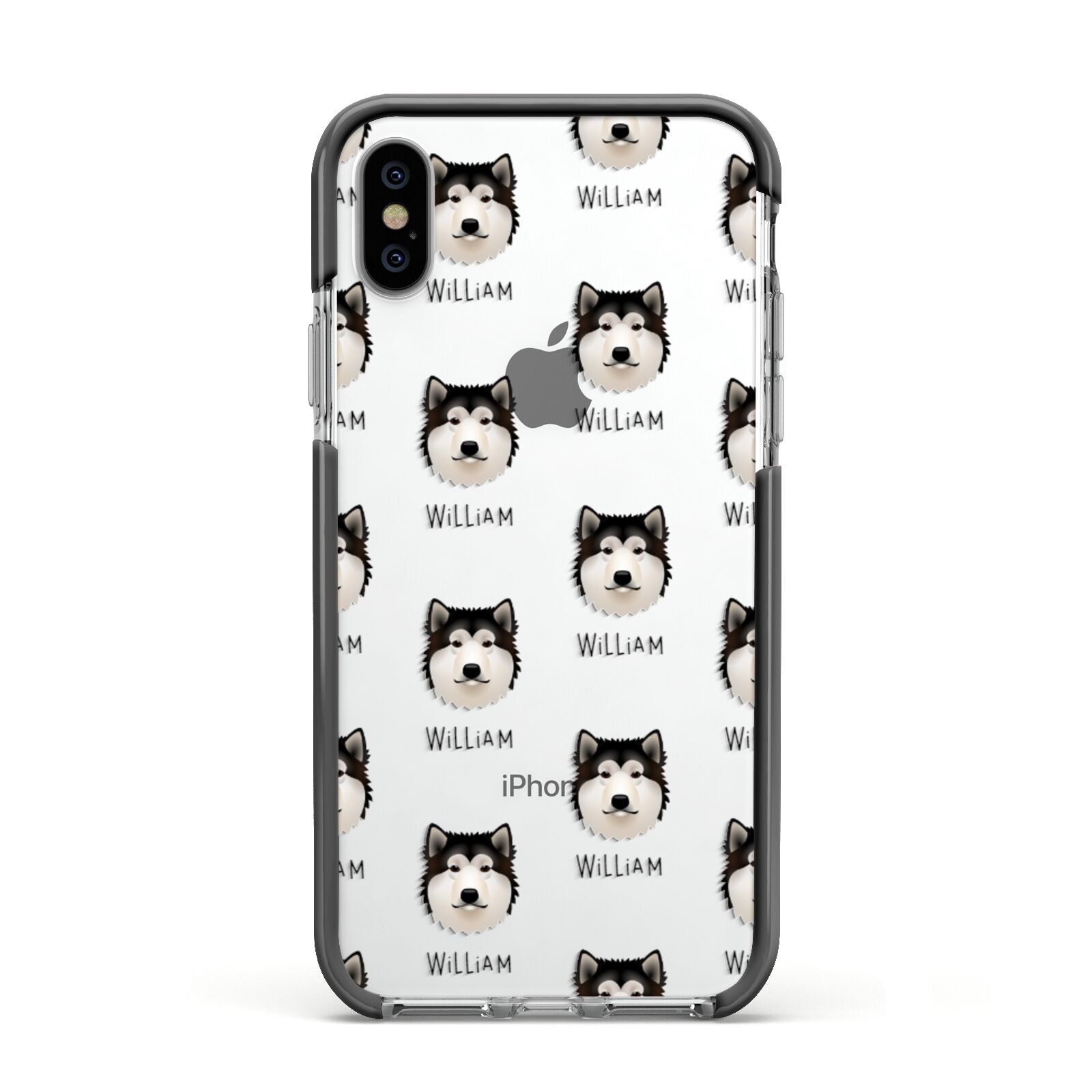 Alaskan Malamute Icon with Name Apple iPhone Xs Impact Case Black Edge on Silver Phone