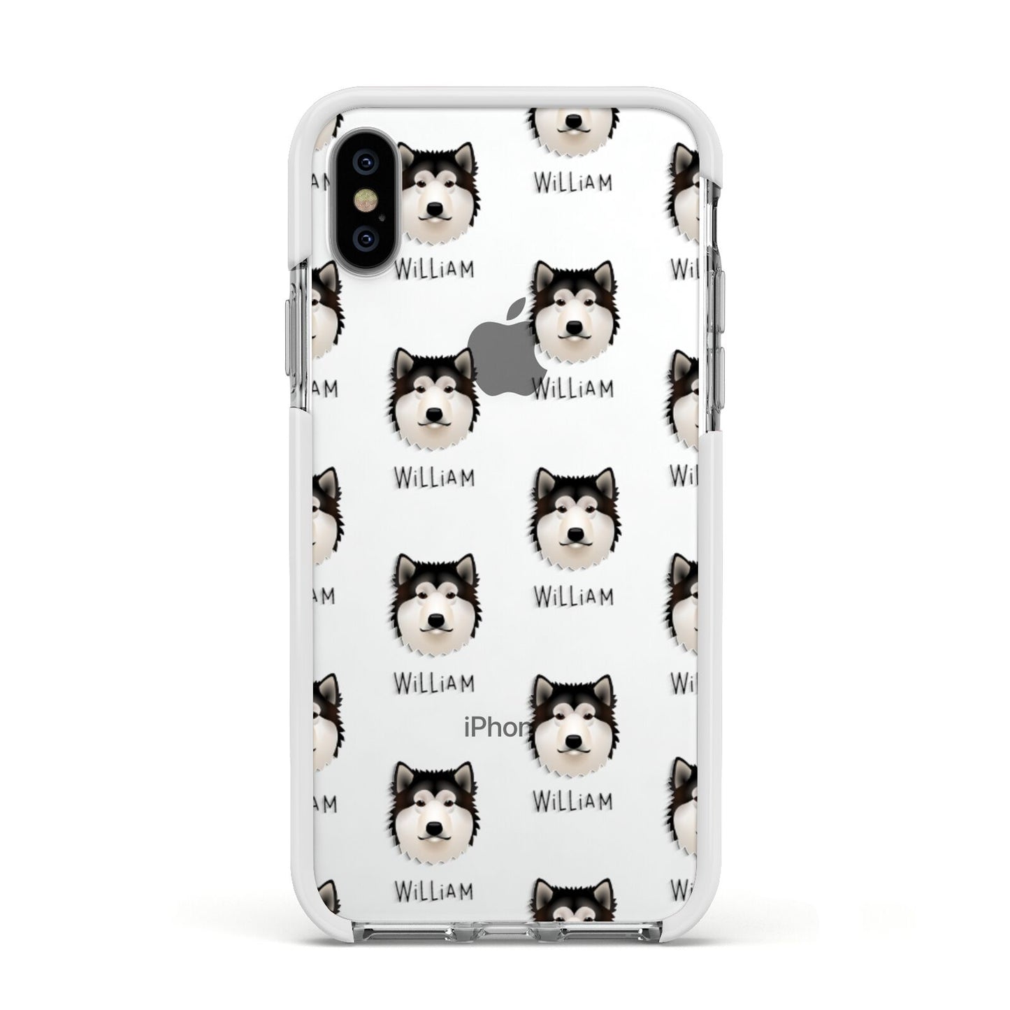 Alaskan Malamute Icon with Name Apple iPhone Xs Impact Case White Edge on Silver Phone