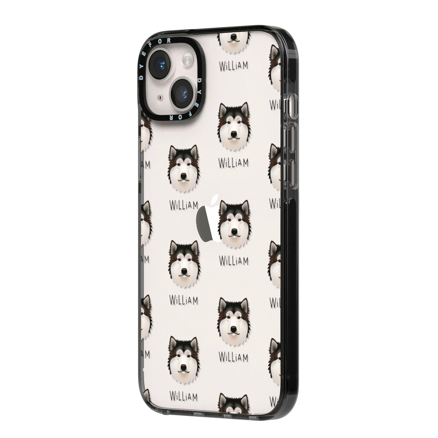 Alaskan Malamute Icon with Name iPhone 14 Plus Black Impact Case Side Angle on Silver phone