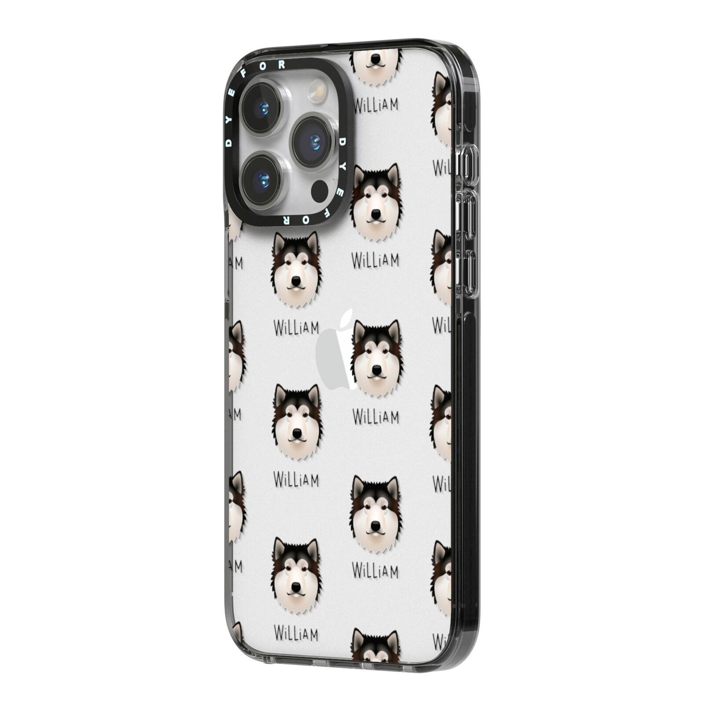 Alaskan Malamute Icon with Name iPhone 14 Pro Max Black Impact Case Side Angle on Silver phone