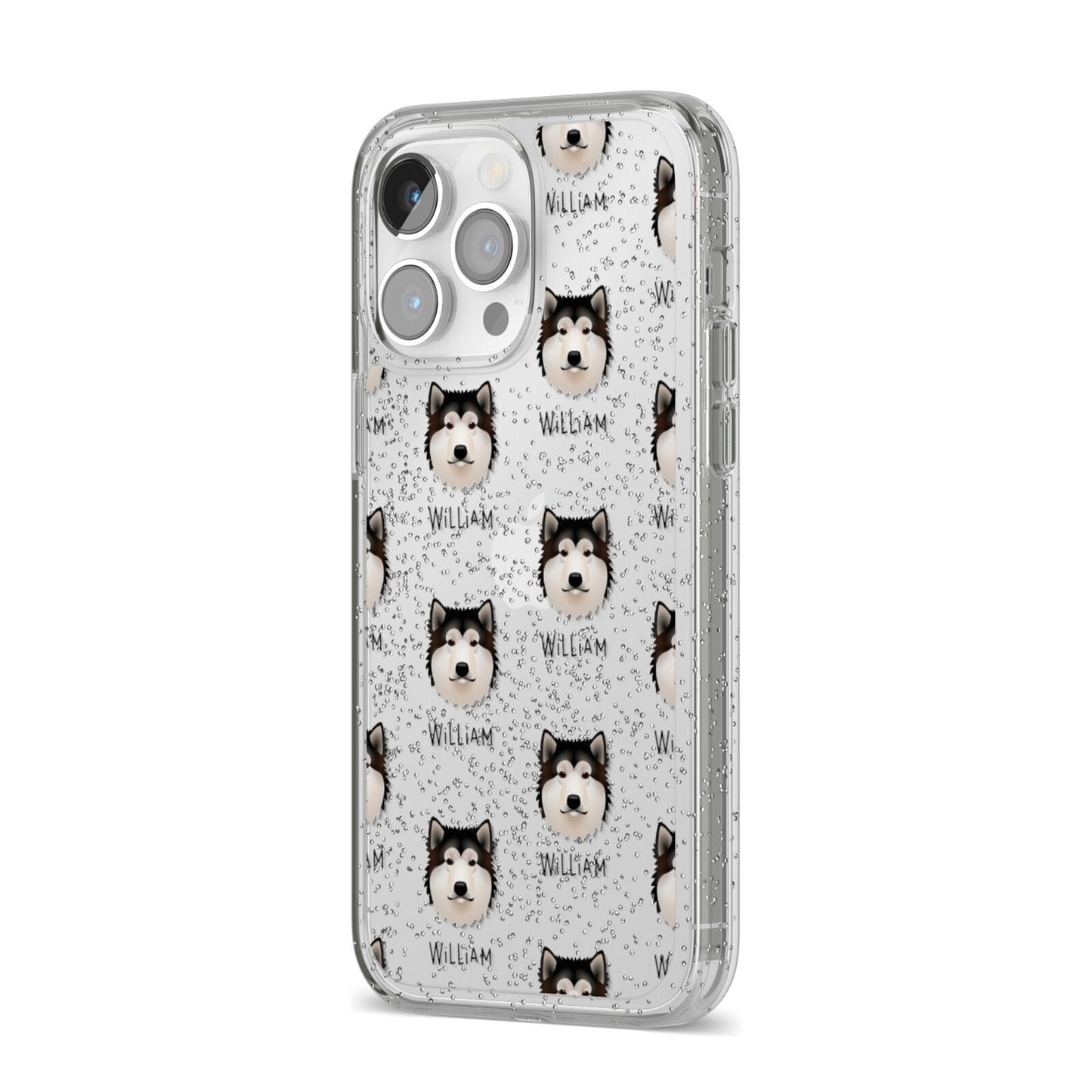 Alaskan Malamute Icon with Name iPhone 14 Pro Max Glitter Tough Case Silver Angled Image