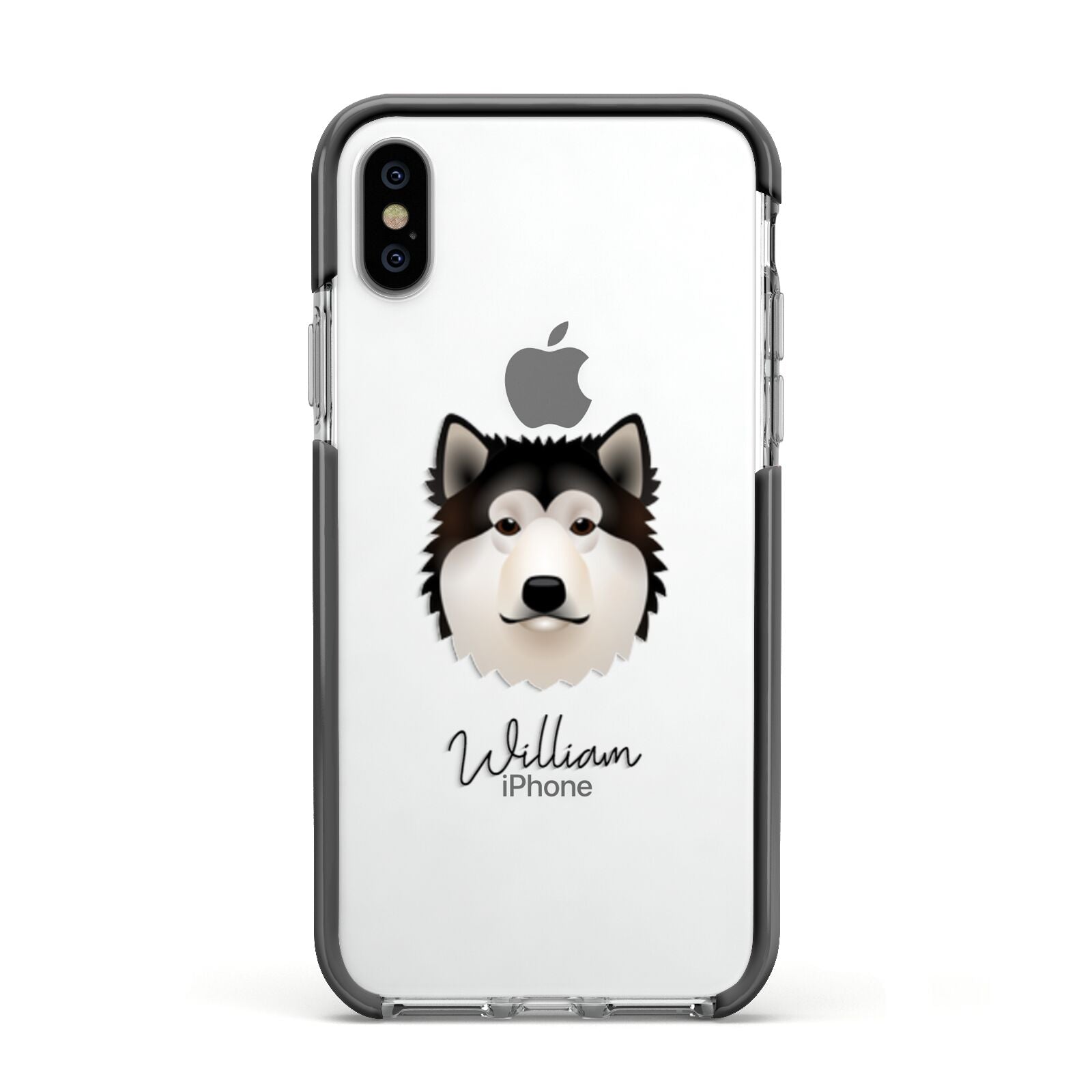 Alaskan Malamute Personalised Apple iPhone Xs Impact Case Black Edge on Silver Phone