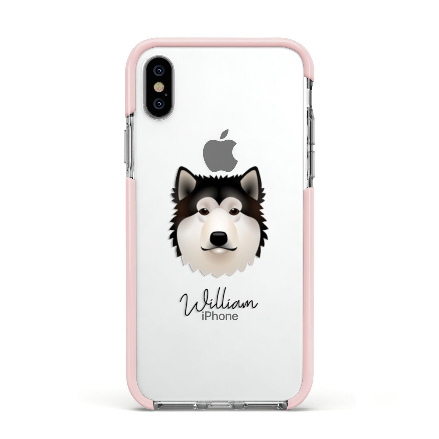 Alaskan Malamute Personalised Apple iPhone Xs Impact Case Pink Edge on Silver Phone