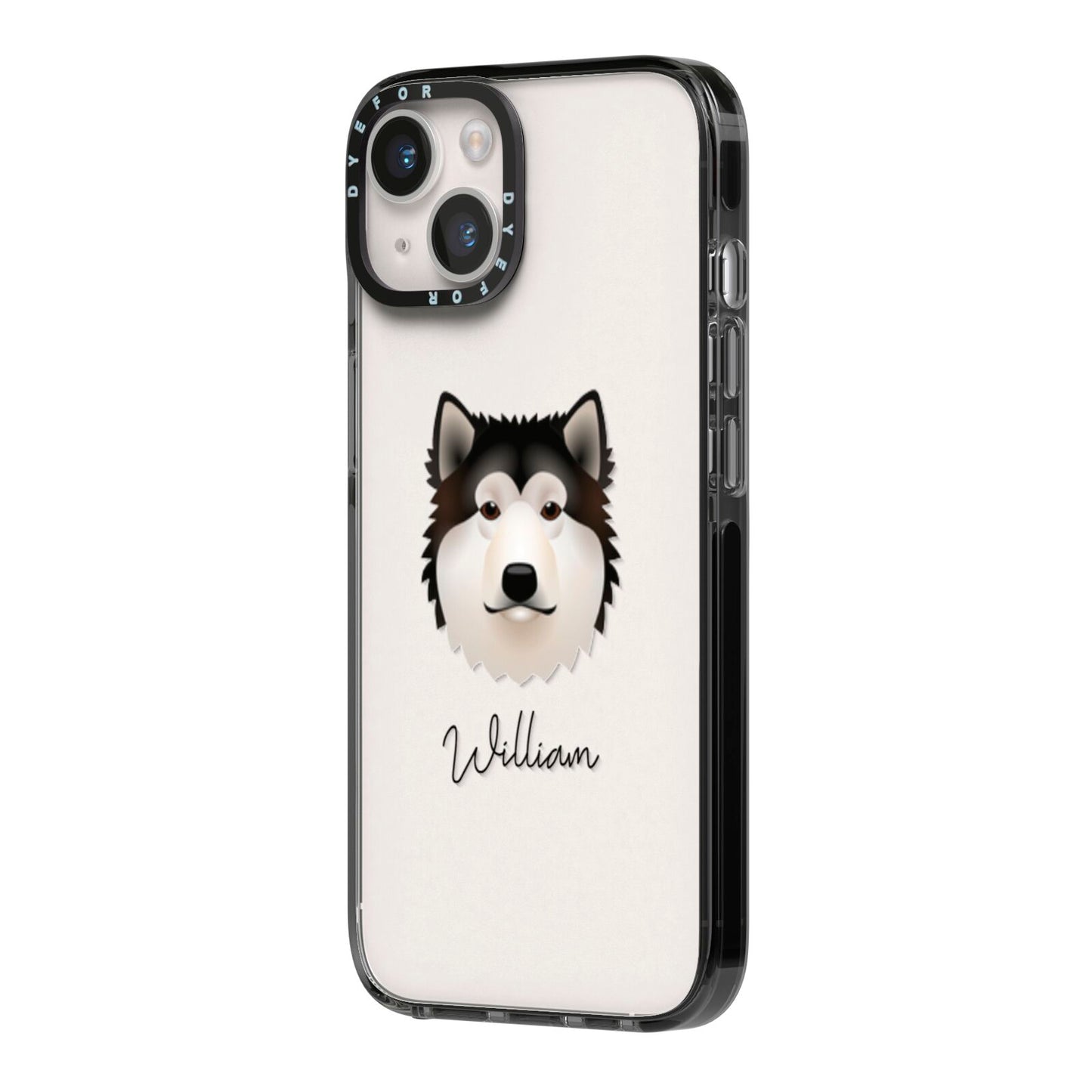 Alaskan Malamute Personalised iPhone 14 Black Impact Case Side Angle on Silver phone