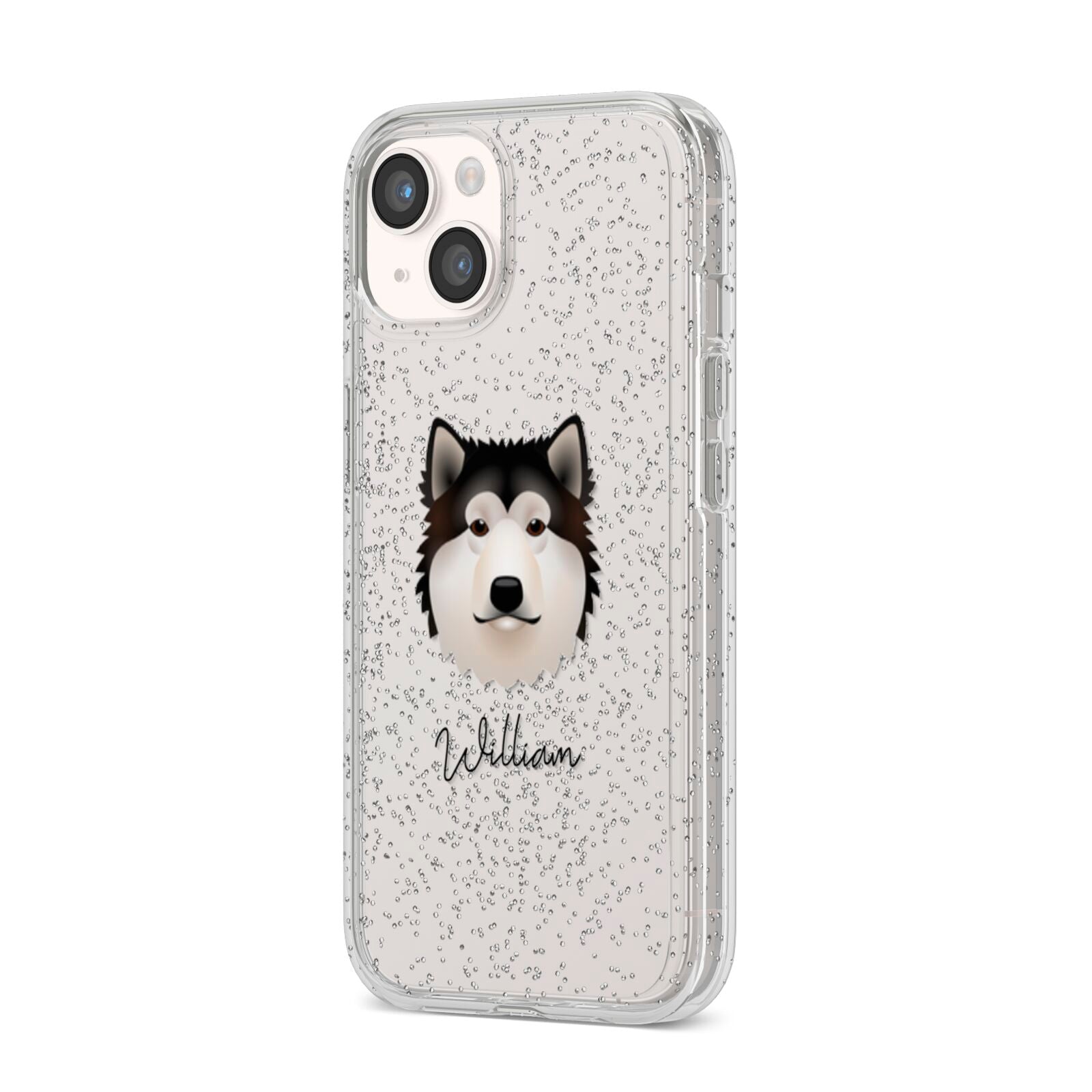 Alaskan Malamute Personalised iPhone 14 Glitter Tough Case Starlight Angled Image