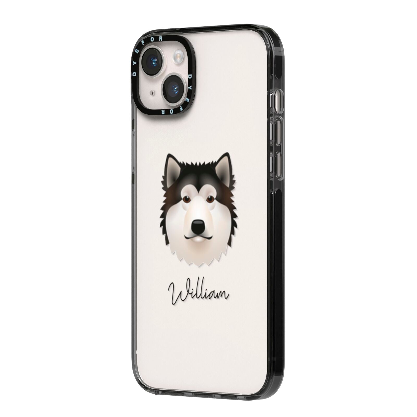 Alaskan Malamute Personalised iPhone 14 Plus Black Impact Case Side Angle on Silver phone